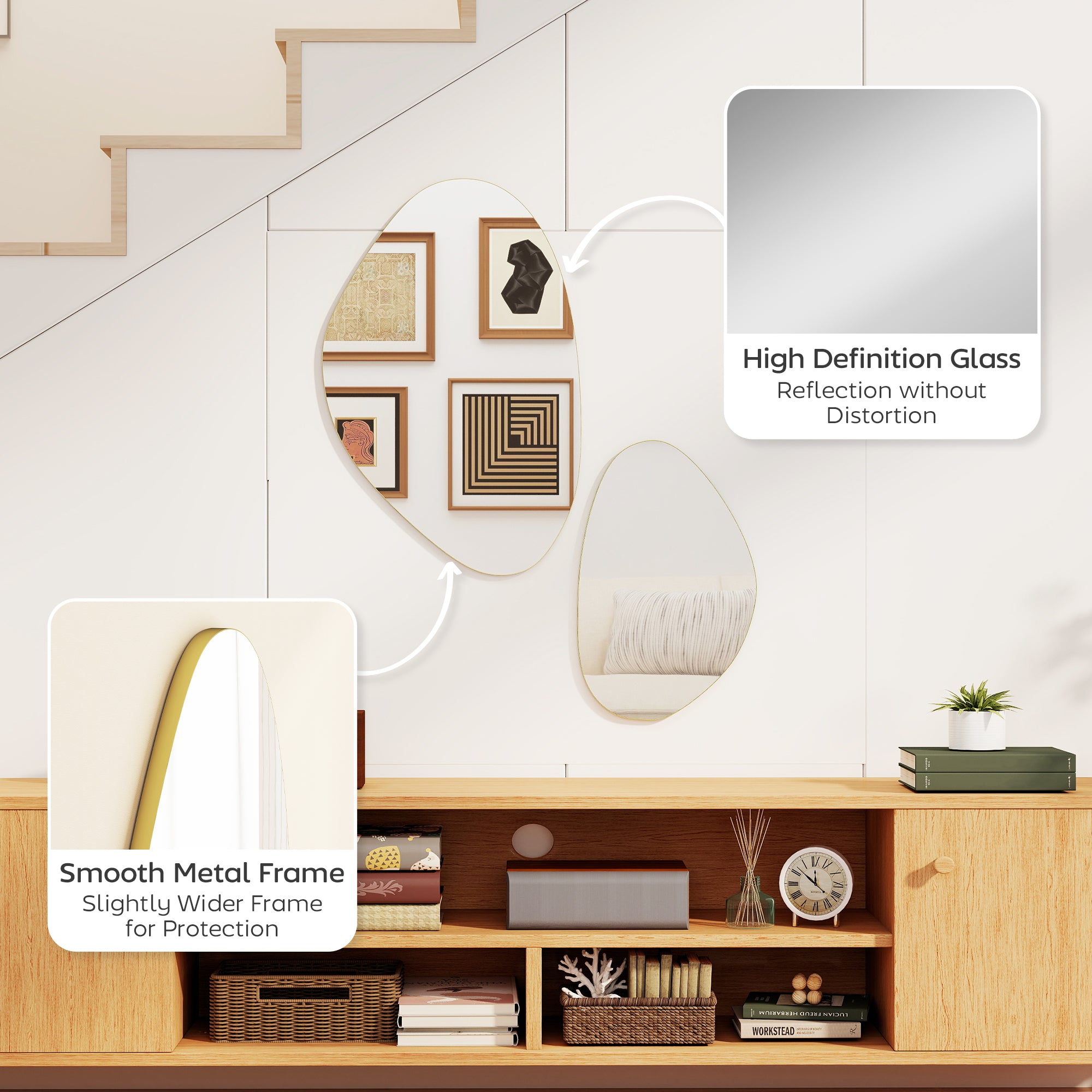 HOMCOM Set of 2 Pebble-Shaped Wall Mirror - Gold Tone