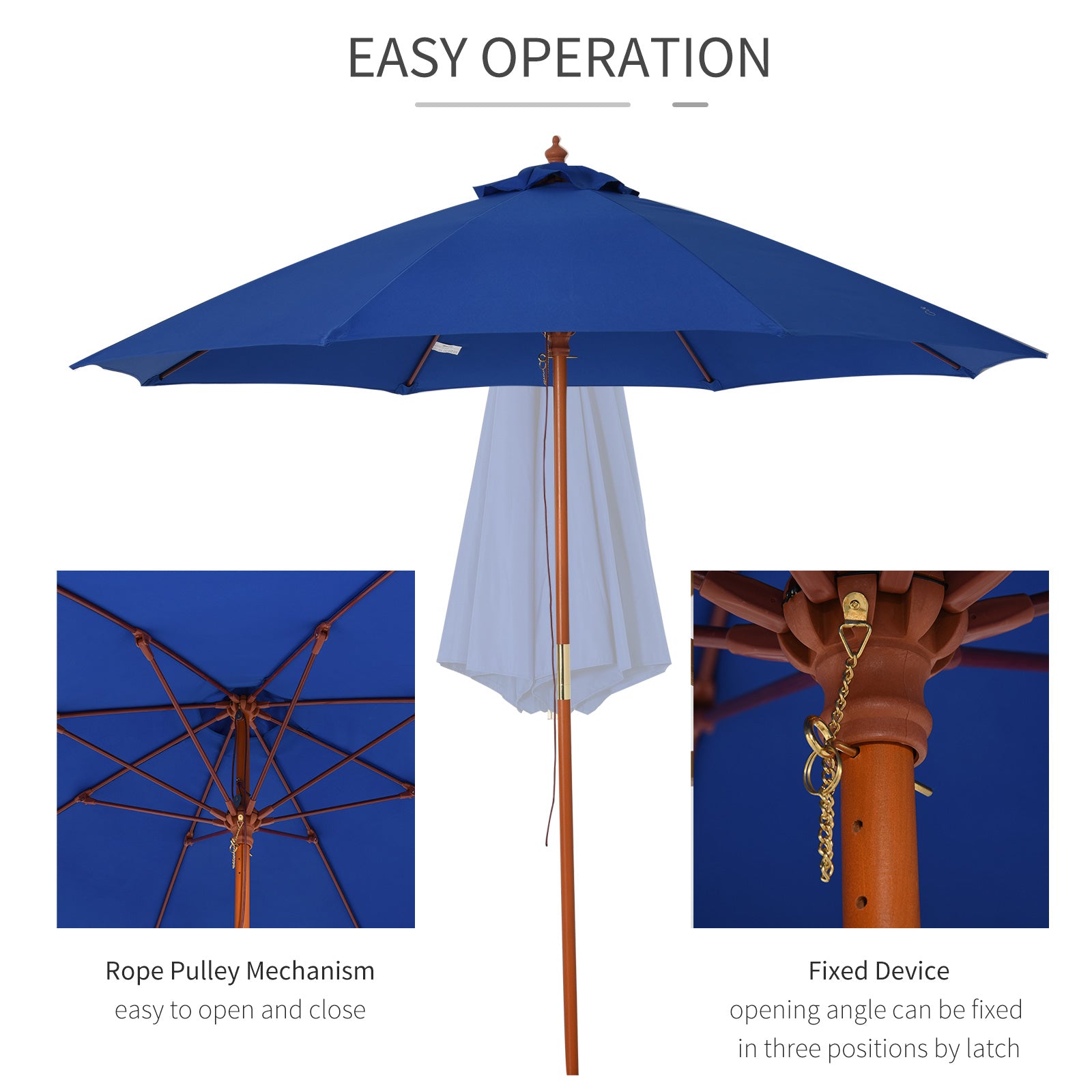 Outsunny 2.5m Garden Parasol Umbrella, Outdoor Market Table Umbrella with Wooden Pole & 8 Fibre Glass Ribs, Round Sun Shade Canopy, Blue