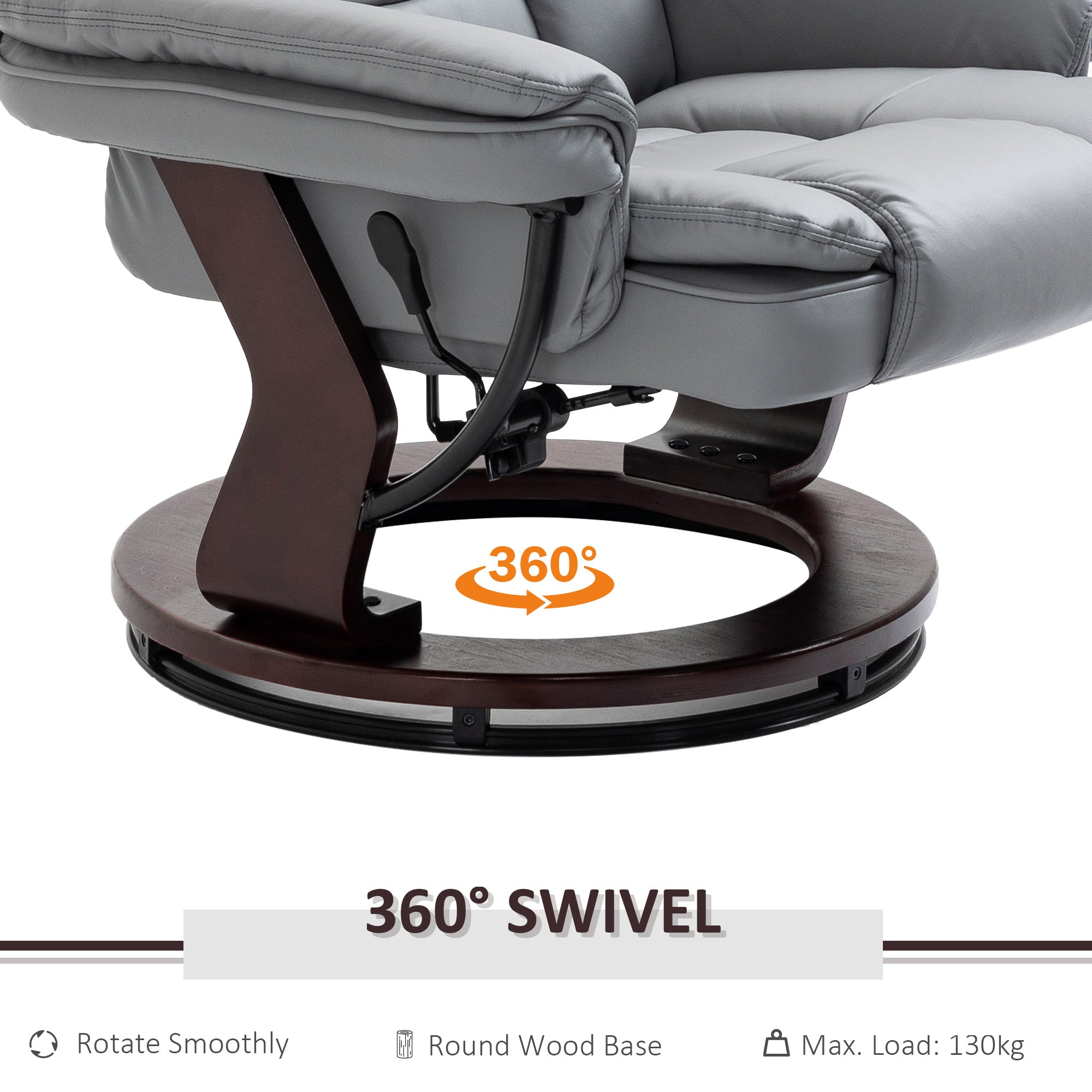 HOMCOM Manual Recliner and Footrest Set PU Leather Leisure Lounge Chair Armchair with Swivel Wood Base, Grey - North Peak Garden Furniture
