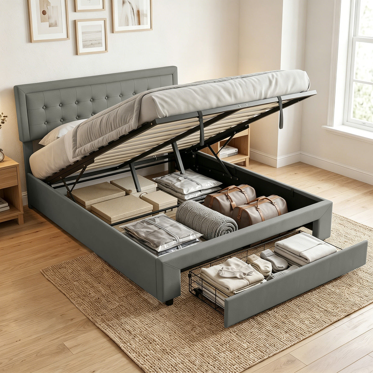 HOMCOM PU Leather King Size Ottoman Bed Frame, with Front Drawer - Grey