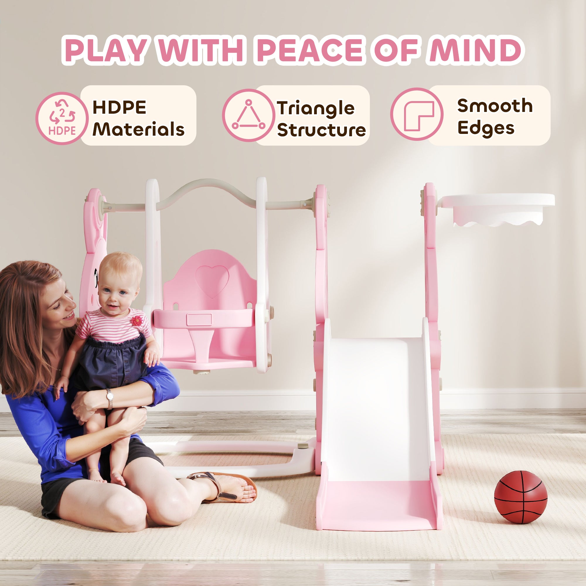 AIYAPLAY 4 in 1 Kids Slide and Swing Set with Climber, Basketball Hoop, Rabbit-Themed, Pink - North Peak Garden Furniture