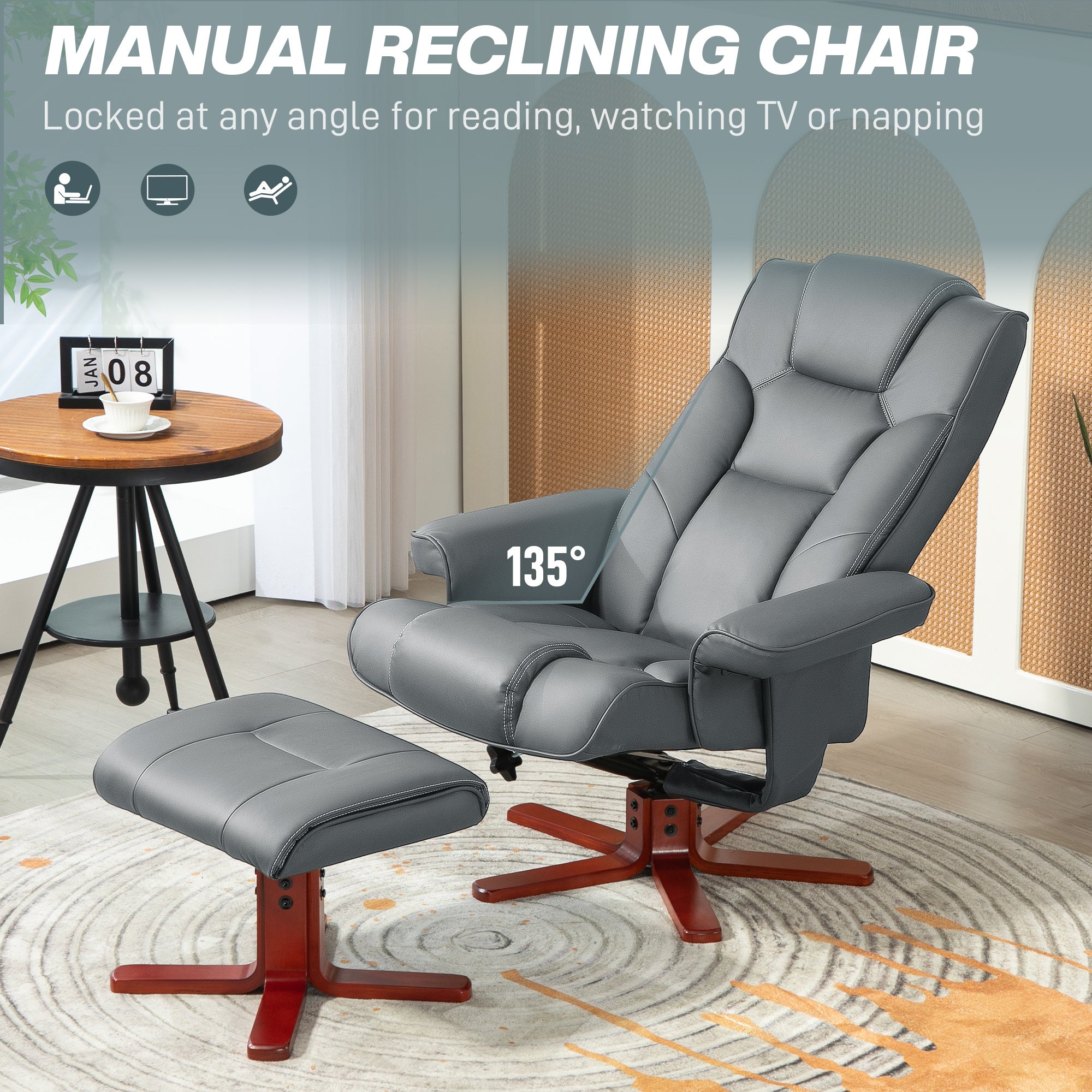 HOMCOM Faux Leather Manual Recliner and Footstool Set - Grey - North Peak Garden Furniture