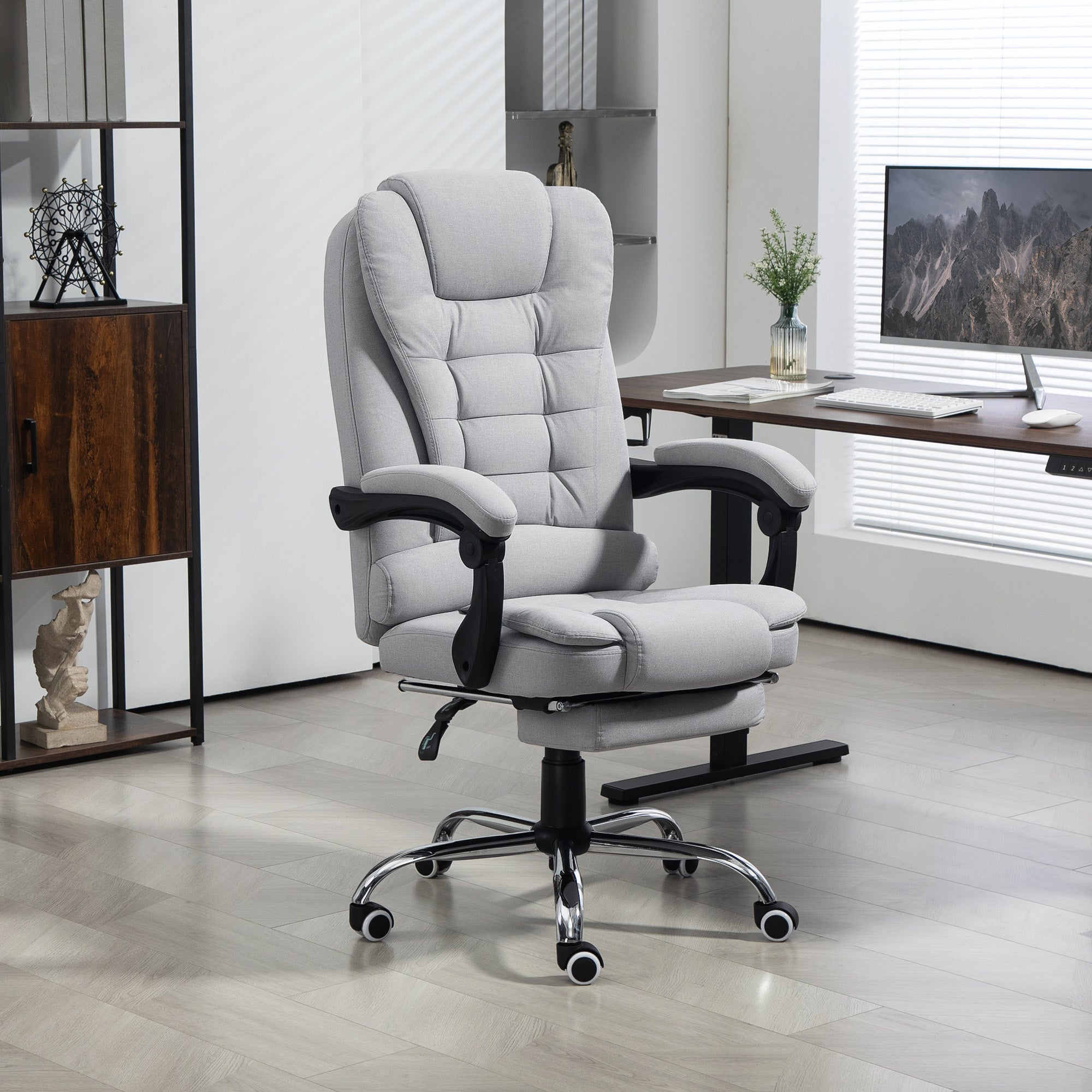 HOMCOM Linen-Look Adjustable Office Chair - Light Grey - North Peak Garden Furniture