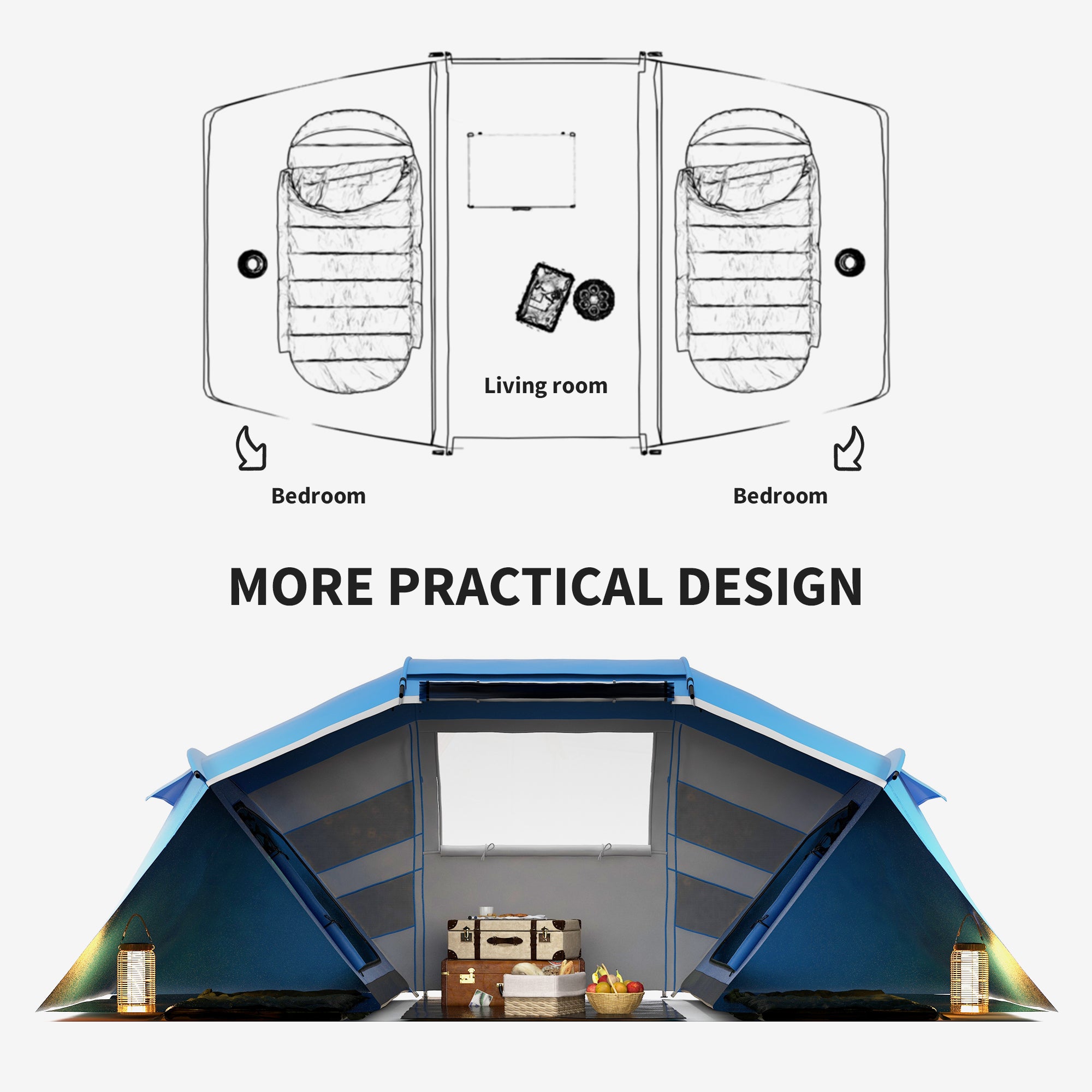 Outsunny 4-6 Man Camping Tent w/ Two Bedroom, Hiking Sun Shelter, UV Protection Tunnel Tent, Blue and White - North Peak Garden Furniture