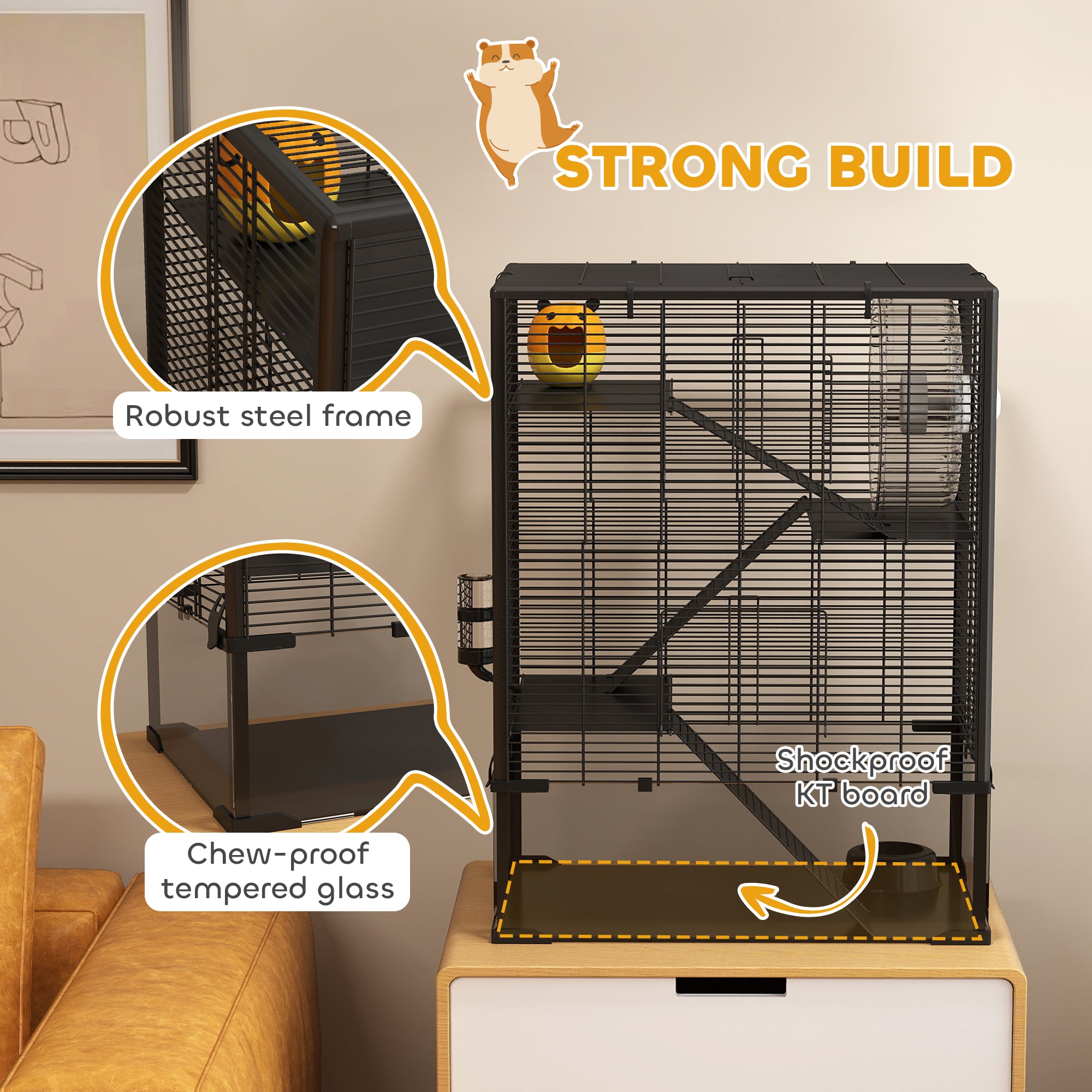 PawHut 4 Tiers Hamster Cage with Deep Tempered Glass Bottom, Hut, Running Wheel, Food Dish, Water Bottle, 60 x 40 x 80cm - North Peak Garden Furniture