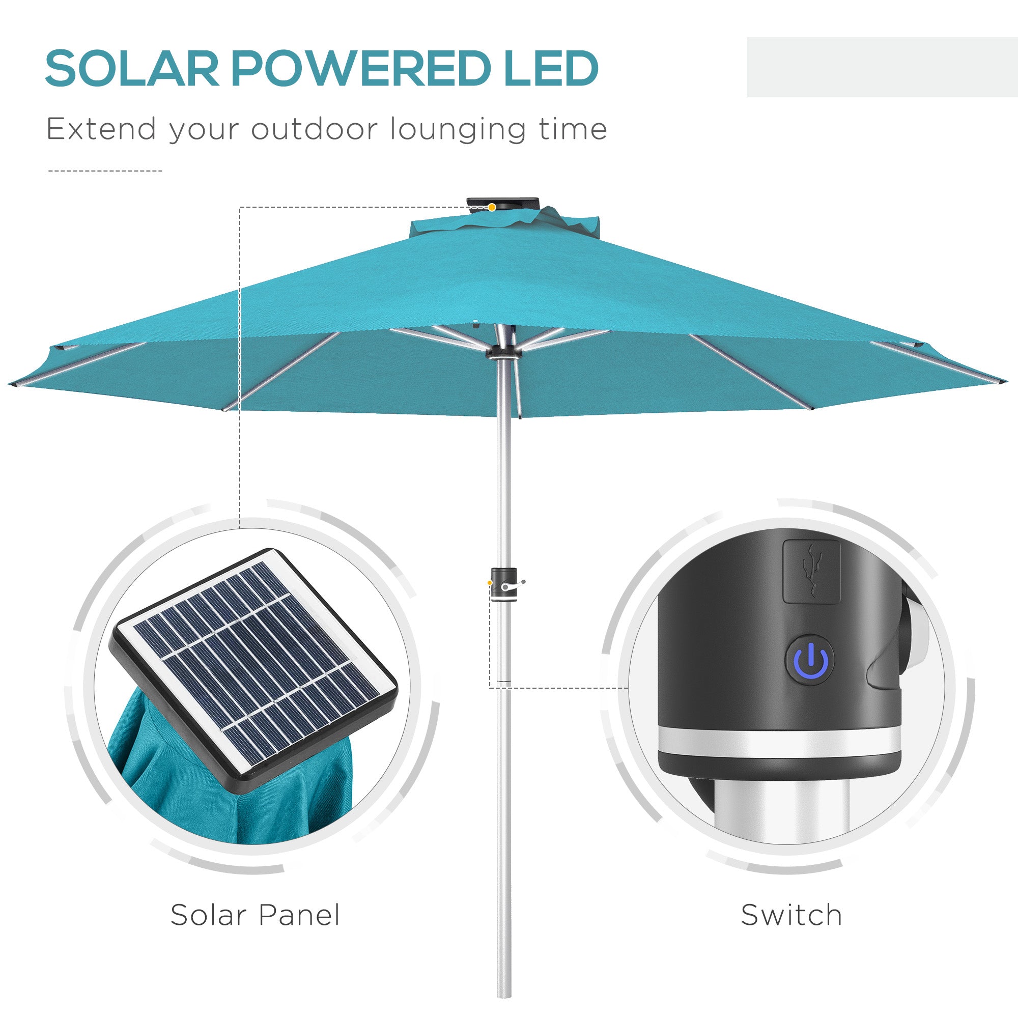 Outsunny 3m Parasol, with Solar-Powered LED Lights - Blue - North Peak Garden Furniture
