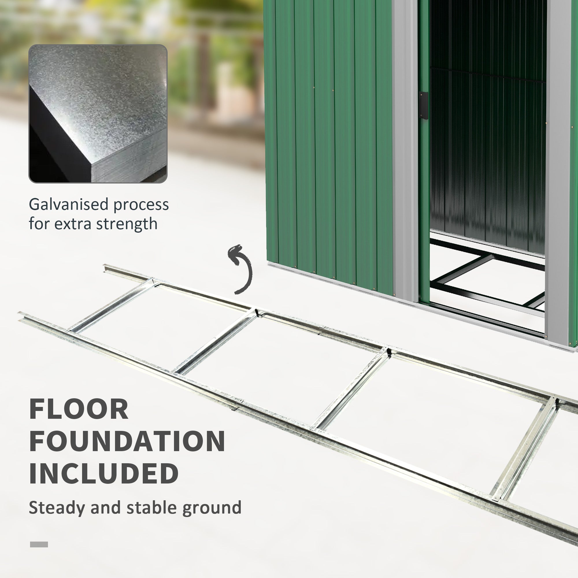 Outsunny Garden Metal Tool Storage Shed with Sliding Door, Sloped Roof and Floor Foundation, 152 x 132 x 188cm, Green - North Peak Garden Furniture