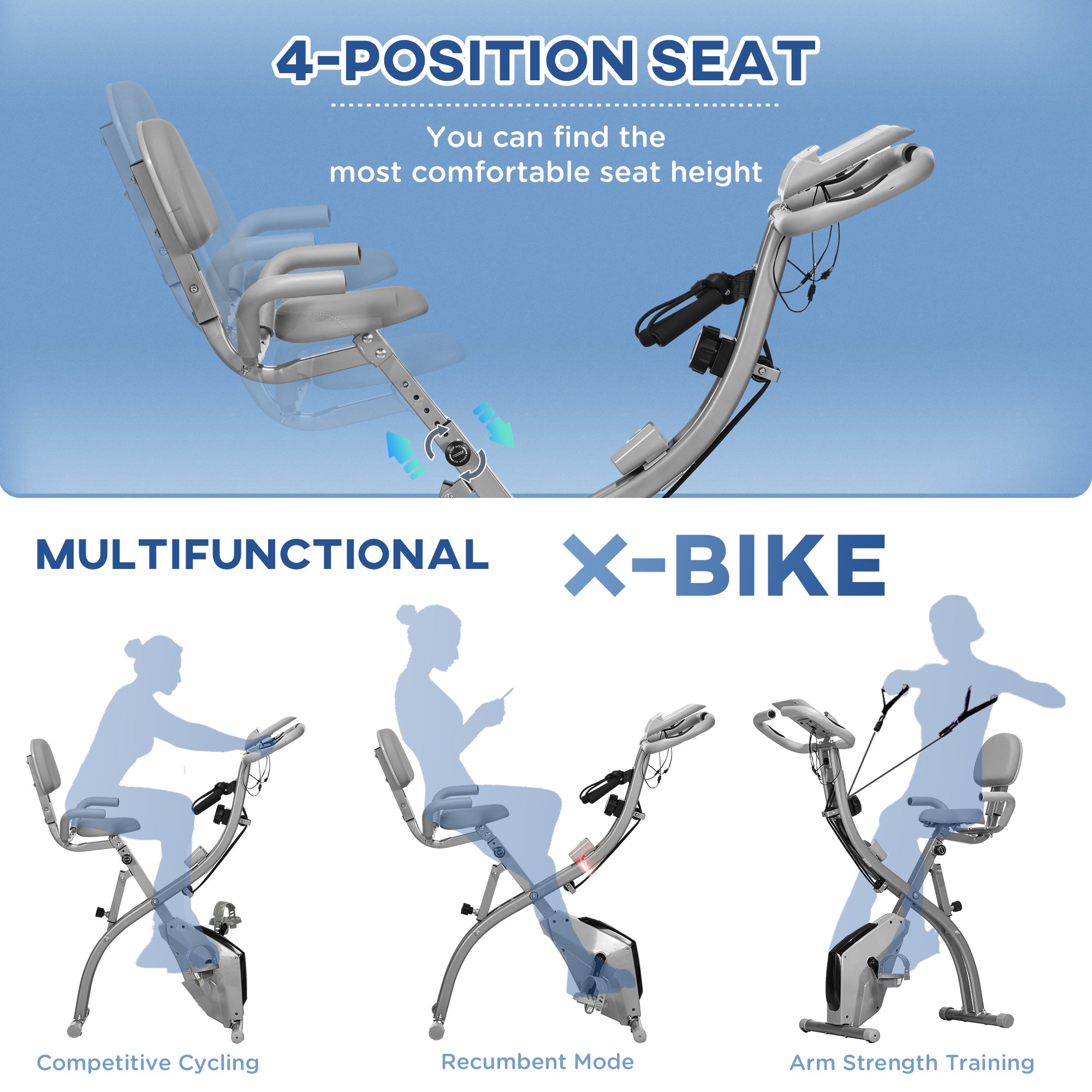 HOMCOM 2-in-1 Folding Exercise Bike with 8-Level Magnetic Resistance, Arm Resistance Band, Pulse Sensor, Grey - North Peak Garden Furniture