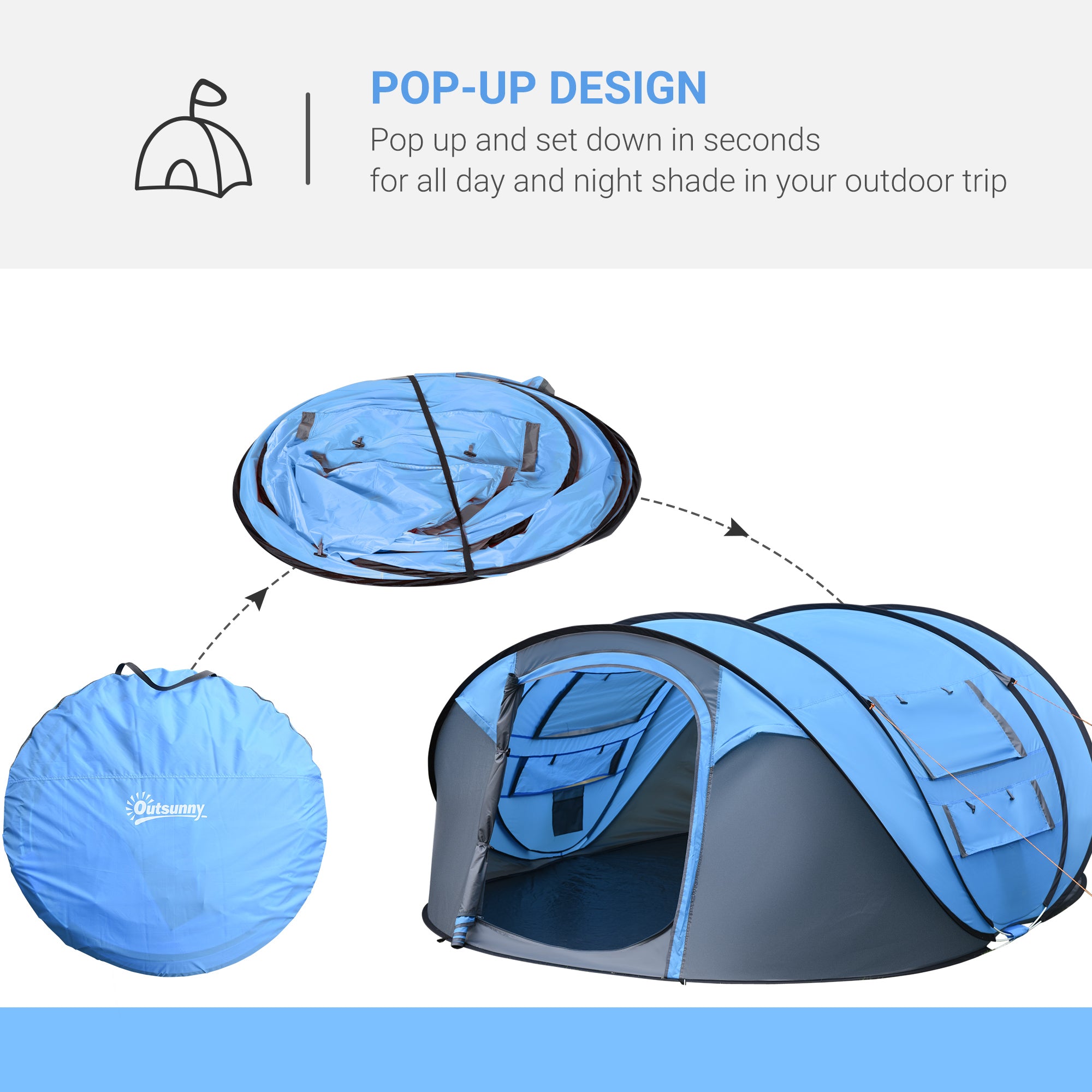 Outsunny 4-5 Person Pop-up Camping Tent Waterproof Family Tent w/ 2 Mesh Windows & PVC Windows Portable Carry Bag for Outdoor Trip, Sky Blue - North Peak Garden Furniture