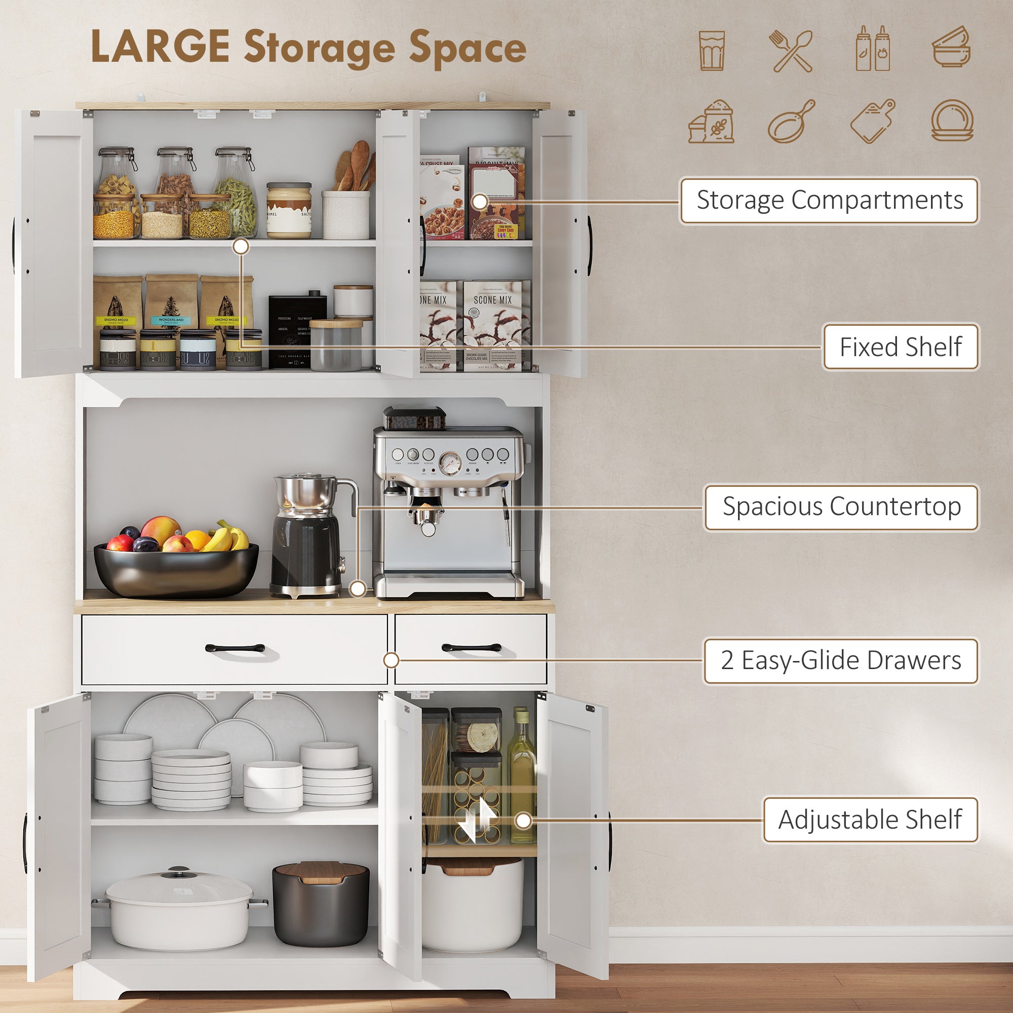 HOMCOM 175 cm Tall Kitchen Pantry Cabinet with Microwave Stand, Freestanding Pantry Cupboard, White