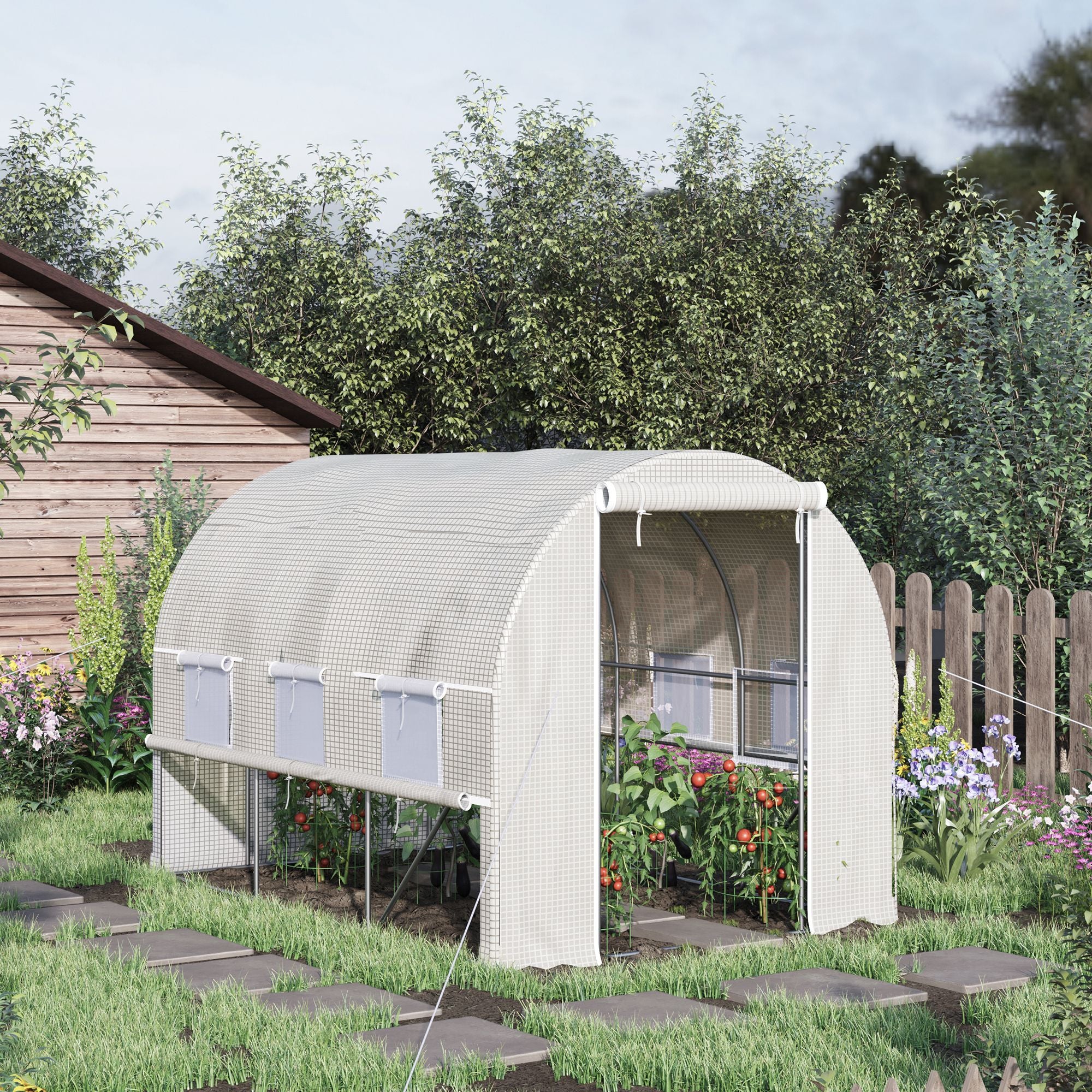 Outsunny Walk-in Polytunnel Greenhouse Green House with Roll-up Sidewalls, UV-resistant PE Cover, 3 x 2 x 2m, White