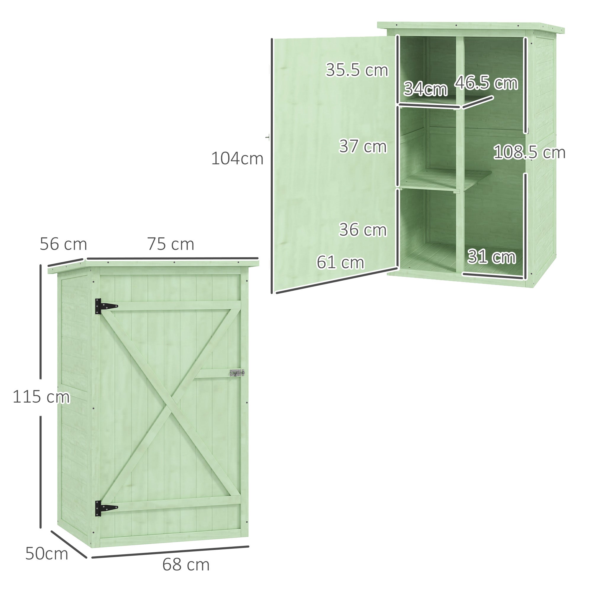 Outsunny Wooden Small Shed, Garden Storage Shed with Shelves and Bolt Latch, 75L x 56W x115H cm, Green - North Peak Garden Furniture