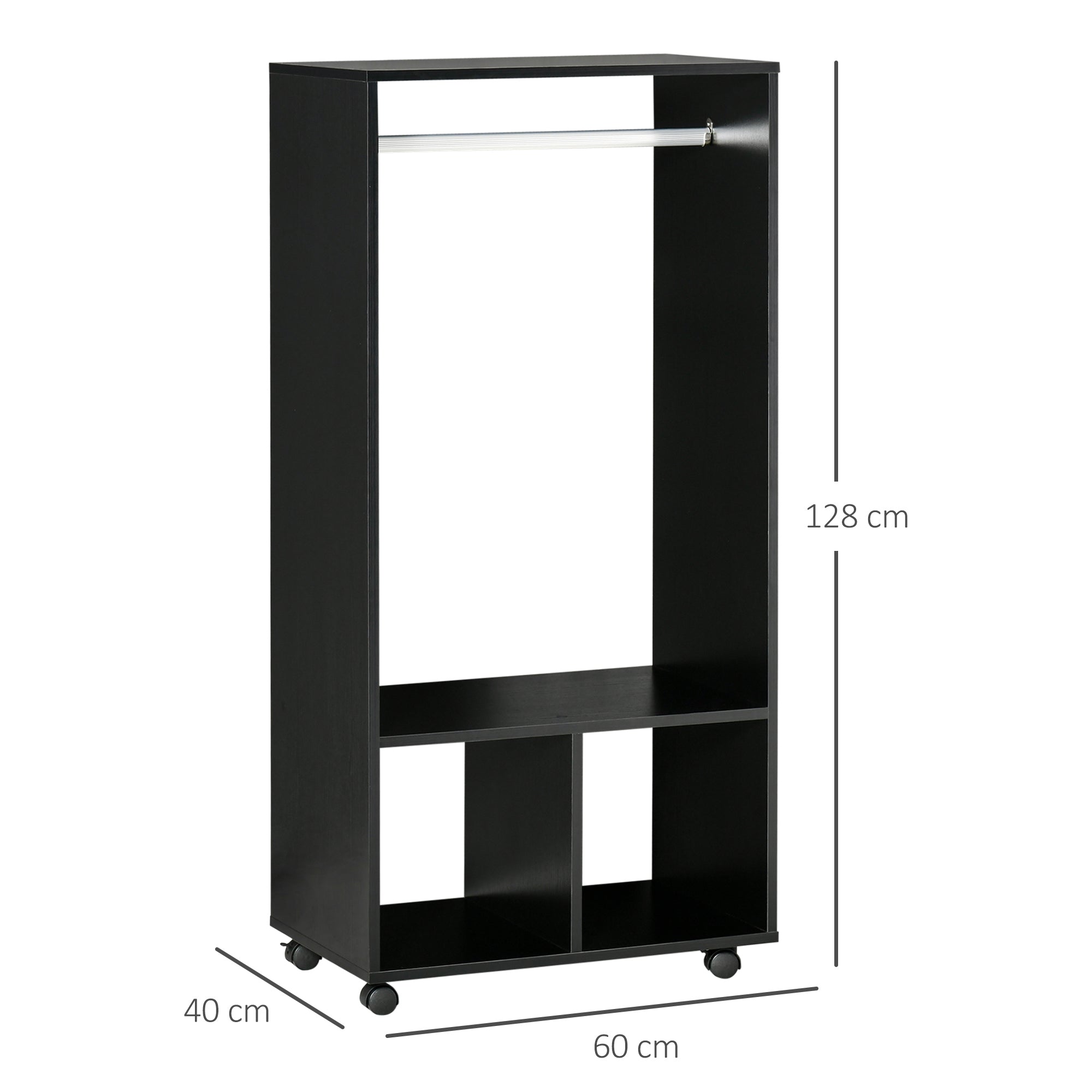 HOMCOM Open Wardrobe for Bedroom, Small Wardrobe on Wheels with Clothes Rail, Storage Shelves, Mobile Garment Rack for Clothes Storage, Cloakroom, Hallway, Black - North Peak Garden Furniture