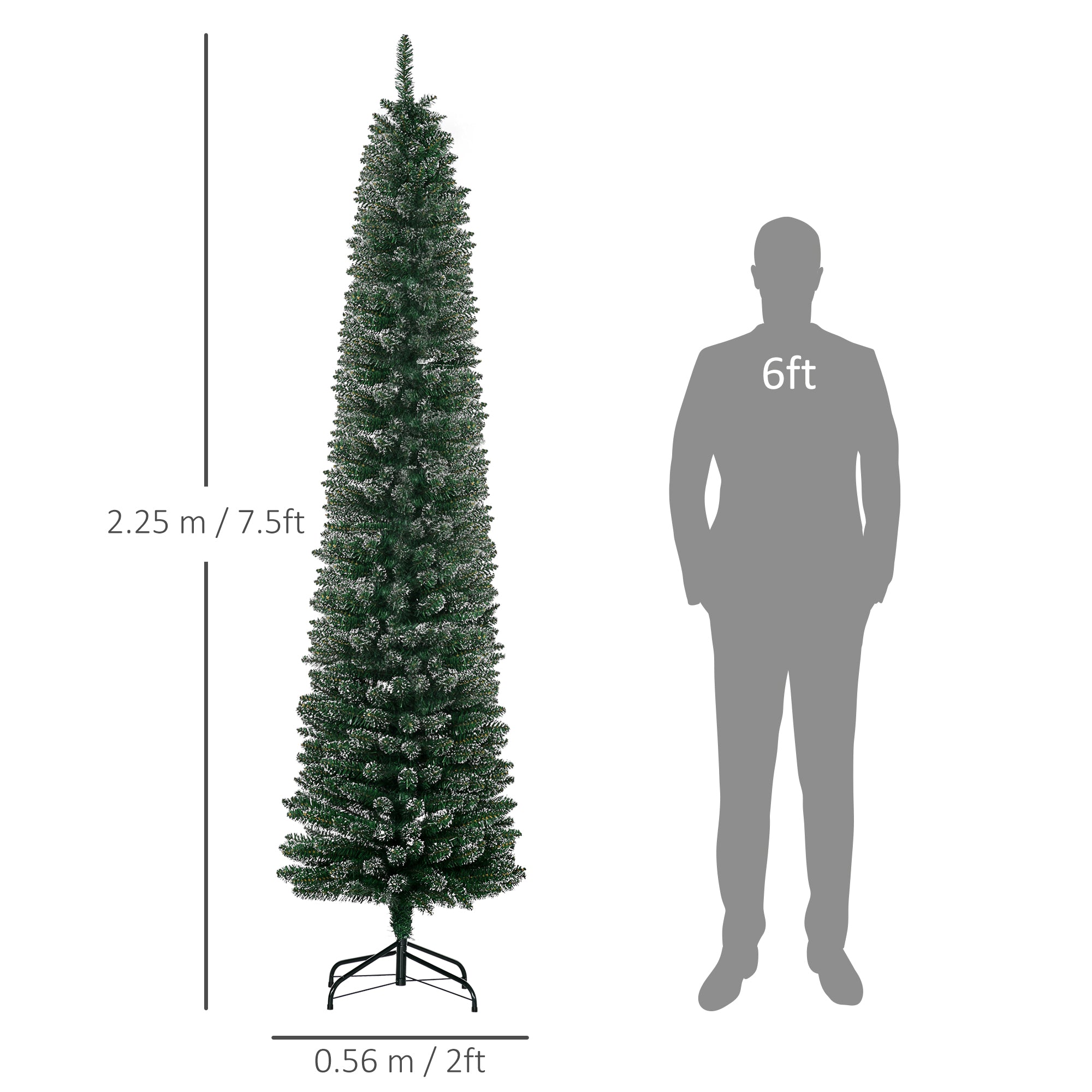 HOMCOM 7.5FT Artificial Snow Dipped Christmas Tree Xmas Pencil Tree Holiday Home Indoor Decoration with Foldable Black Stand, Green - North Peak Garden Furniture