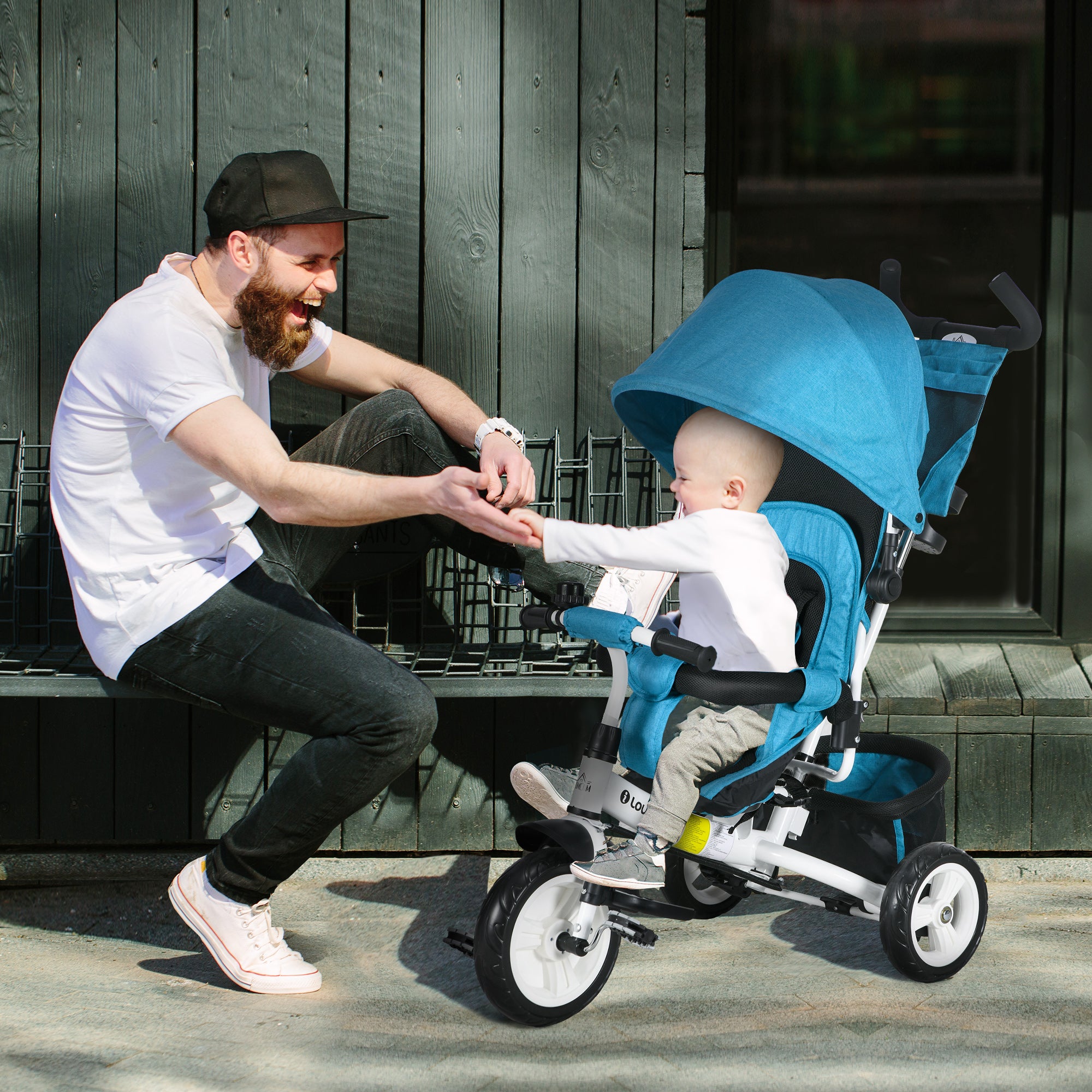 HOMCOM 6 in 1 Kids Trike Push Bike w/ Push Handle, Canopy, 5-point Safety Belt, Storage, Footrest, Brake, for 1-5 Years, Blue - North Peak Garden Furniture