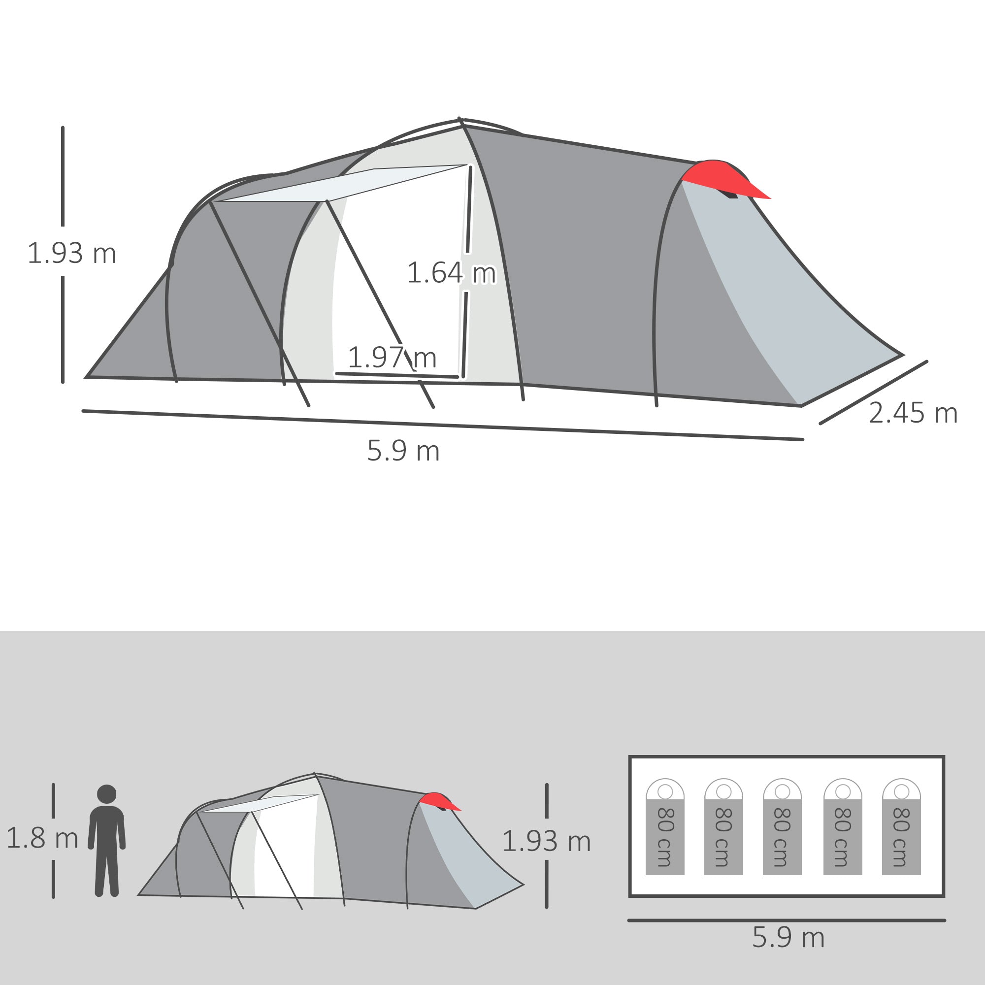Outsunny Four-Man Tunnel Tent, with Two Bedrooms and Living Room - Grey/Red - North Peak Garden Furniture