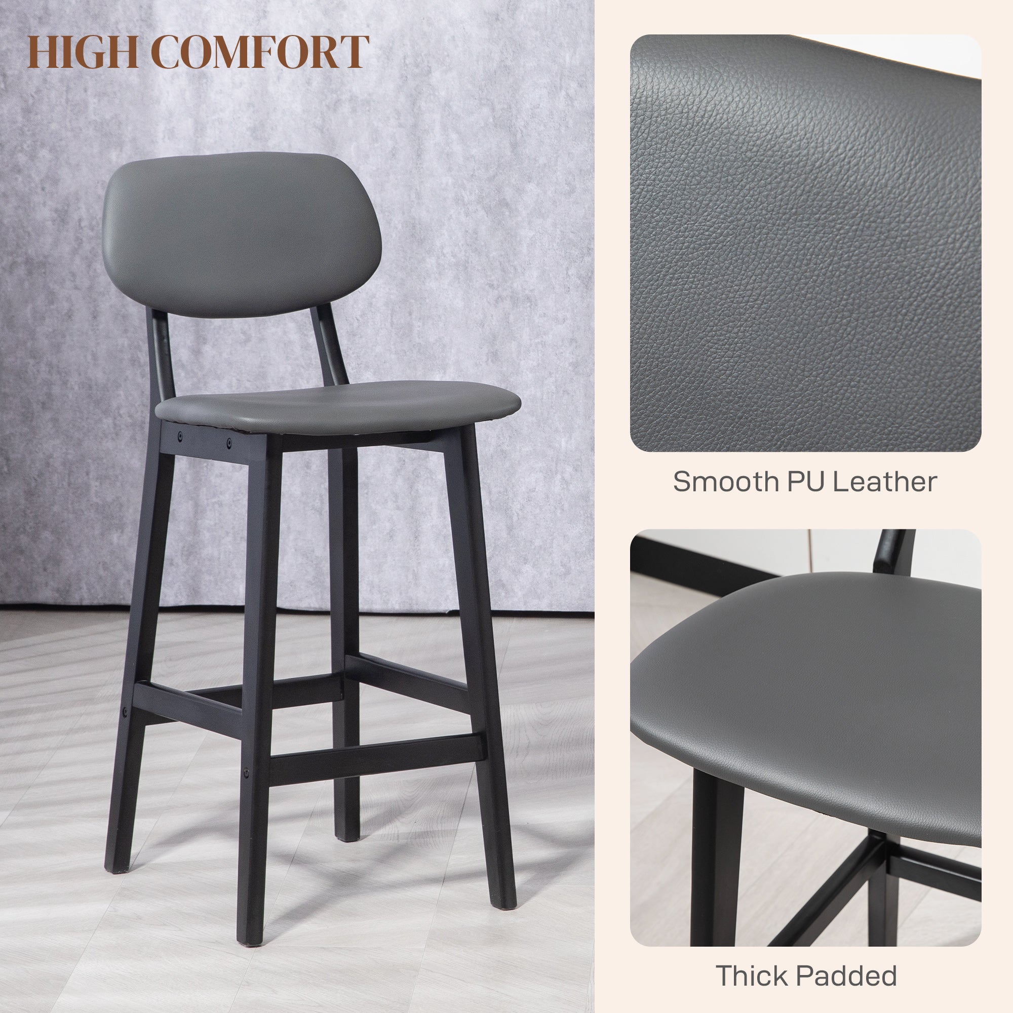 HOMCOM Bar Stools Set of 2, Contemporary Breakfast Bar Chairs, Faux Leather Upholstered Kitchen Stools with Backs and  Solid Wood Legs, Dark Grey