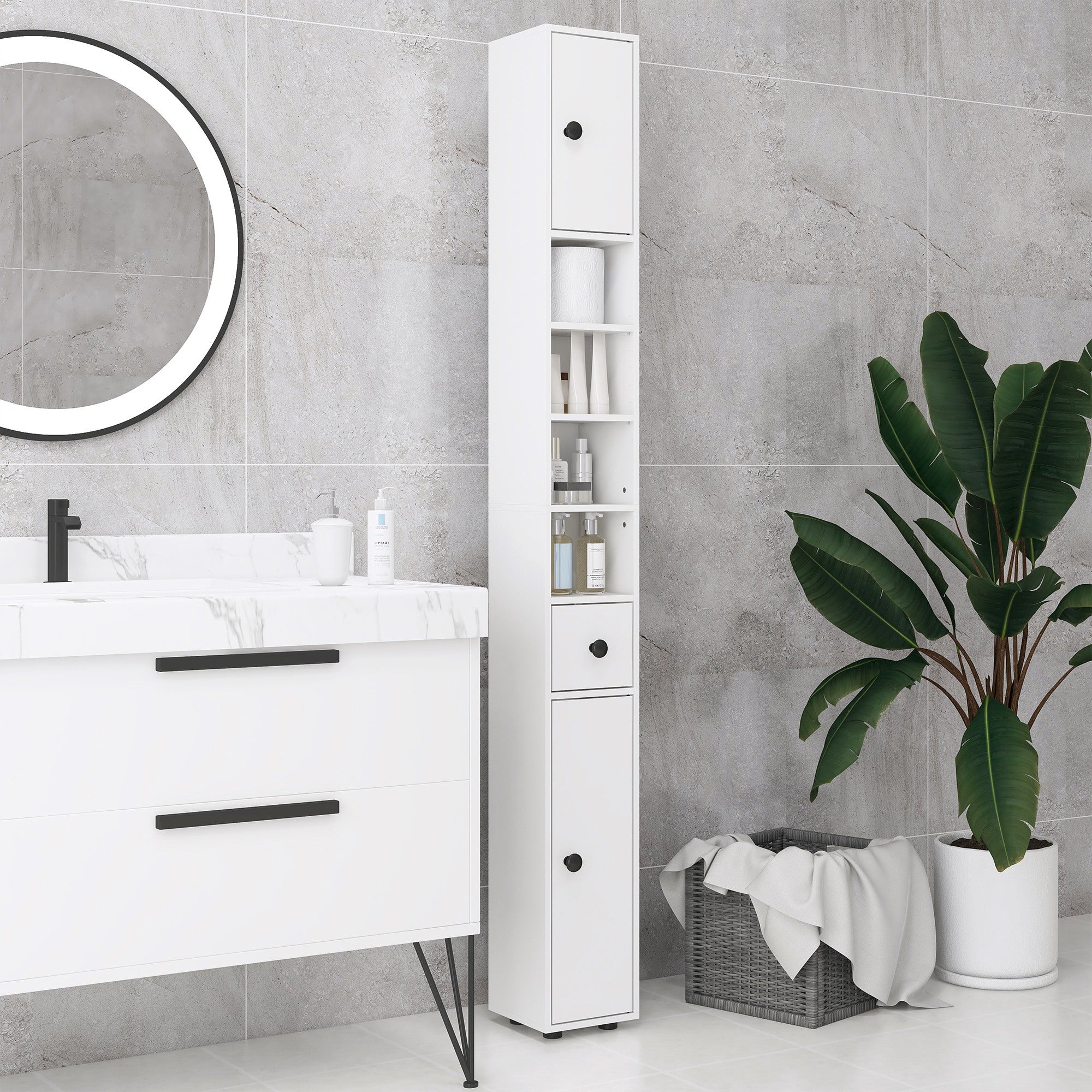 kleankin 180cm Tall Bathroom Cabinet, Slim Bathroom Storage Cabinet with 4 Open Shelves, 2 Door Cupboards and Adjustable Shelves, White - North Peak Garden Furniture