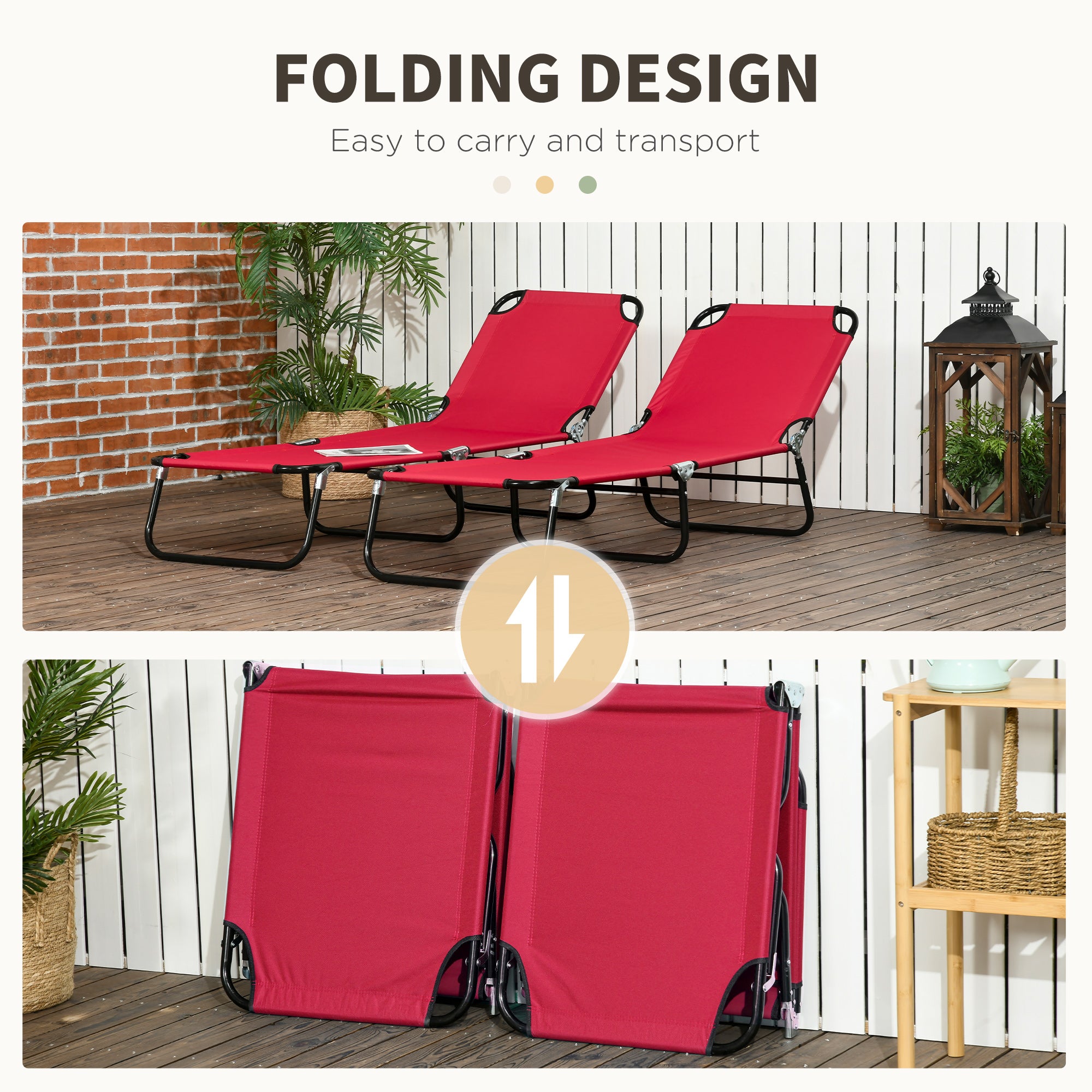 Outsunny Folding Sun Loungers Set of 2, Outdoor Day Bed with 5-Position Adjustable Backrest, Portable Recliner Garden Chairs with Breathable Mesh for Beach, Patio, Wine Red