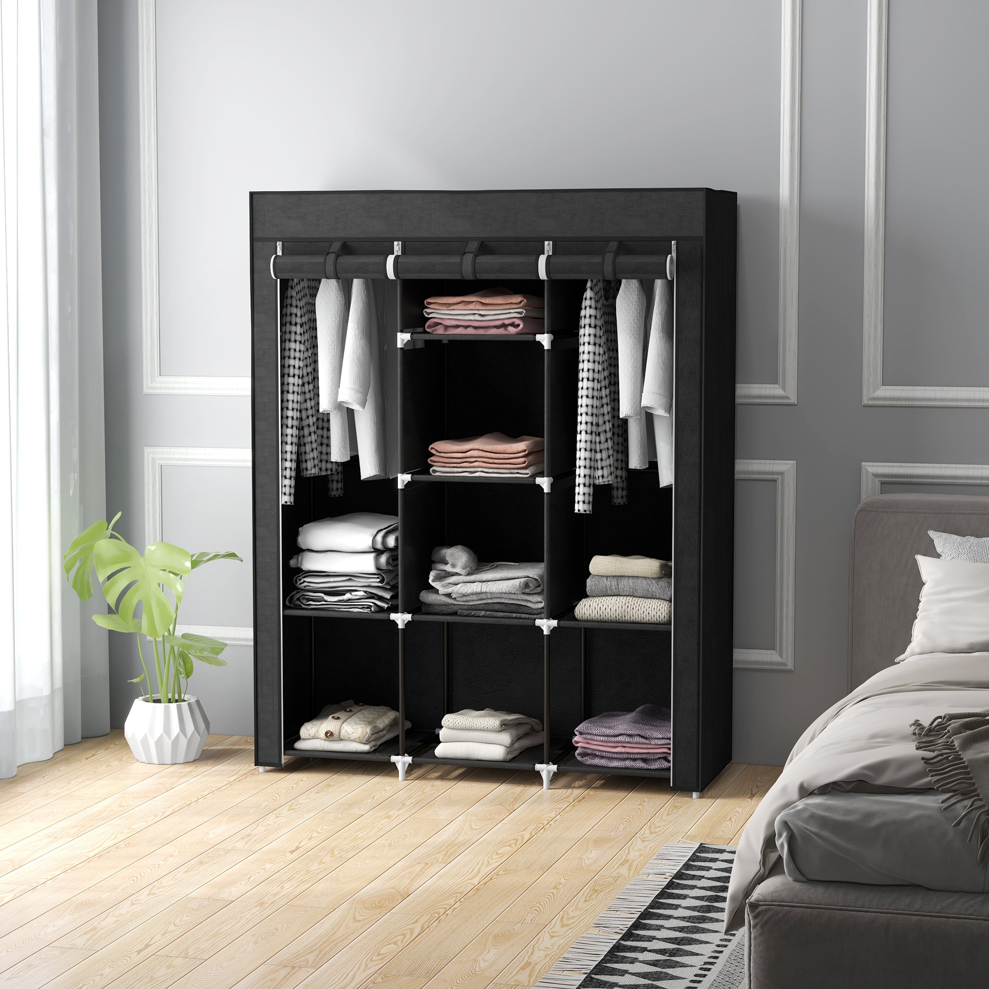 HOMCOM Fabric Wardrobe, Portable Wardrobe, Clothes Storage Unit with 8 Shelves, 2 Hanging Rods, 125 x 43 x 162.5 cm, Black - North Peak Garden Furniture