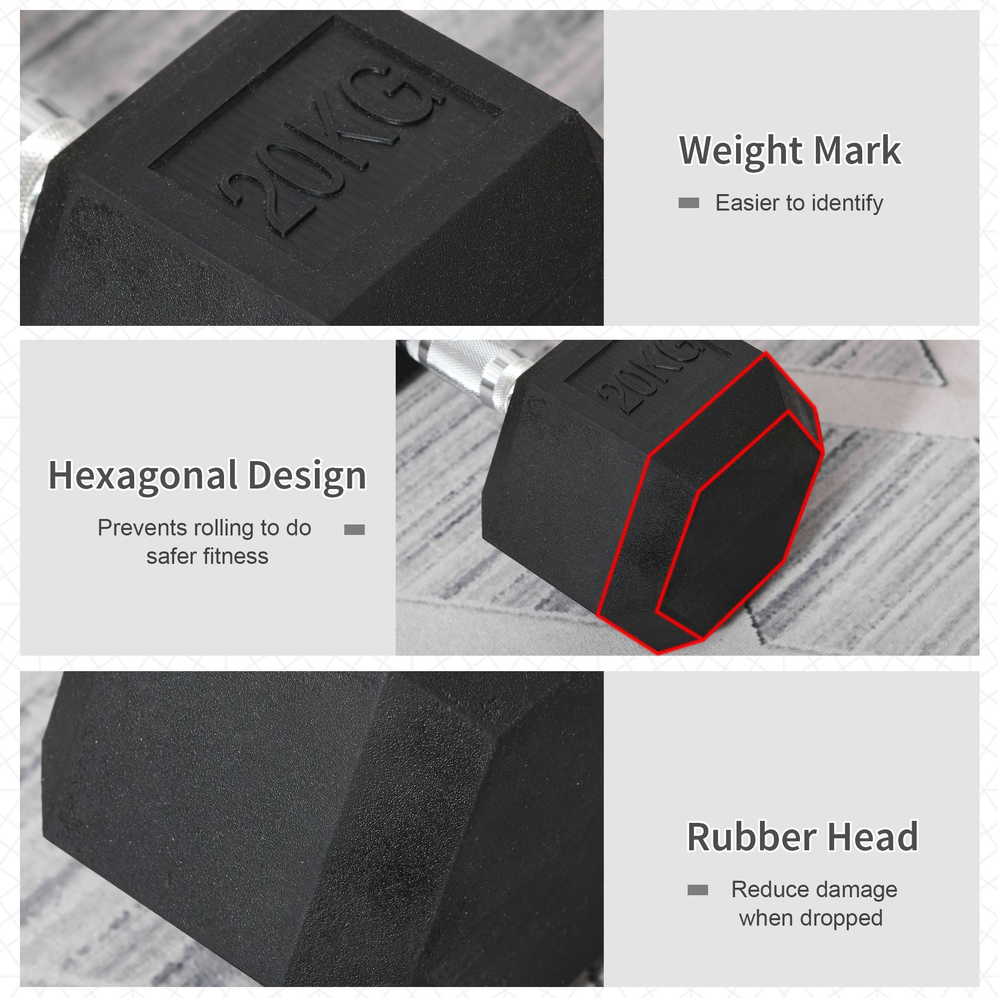 HOMCOM 20KG Single Rubber Hex Dumbbell Portable Hand Weights Dumbbell Home Gym - North Peak Garden Furniture