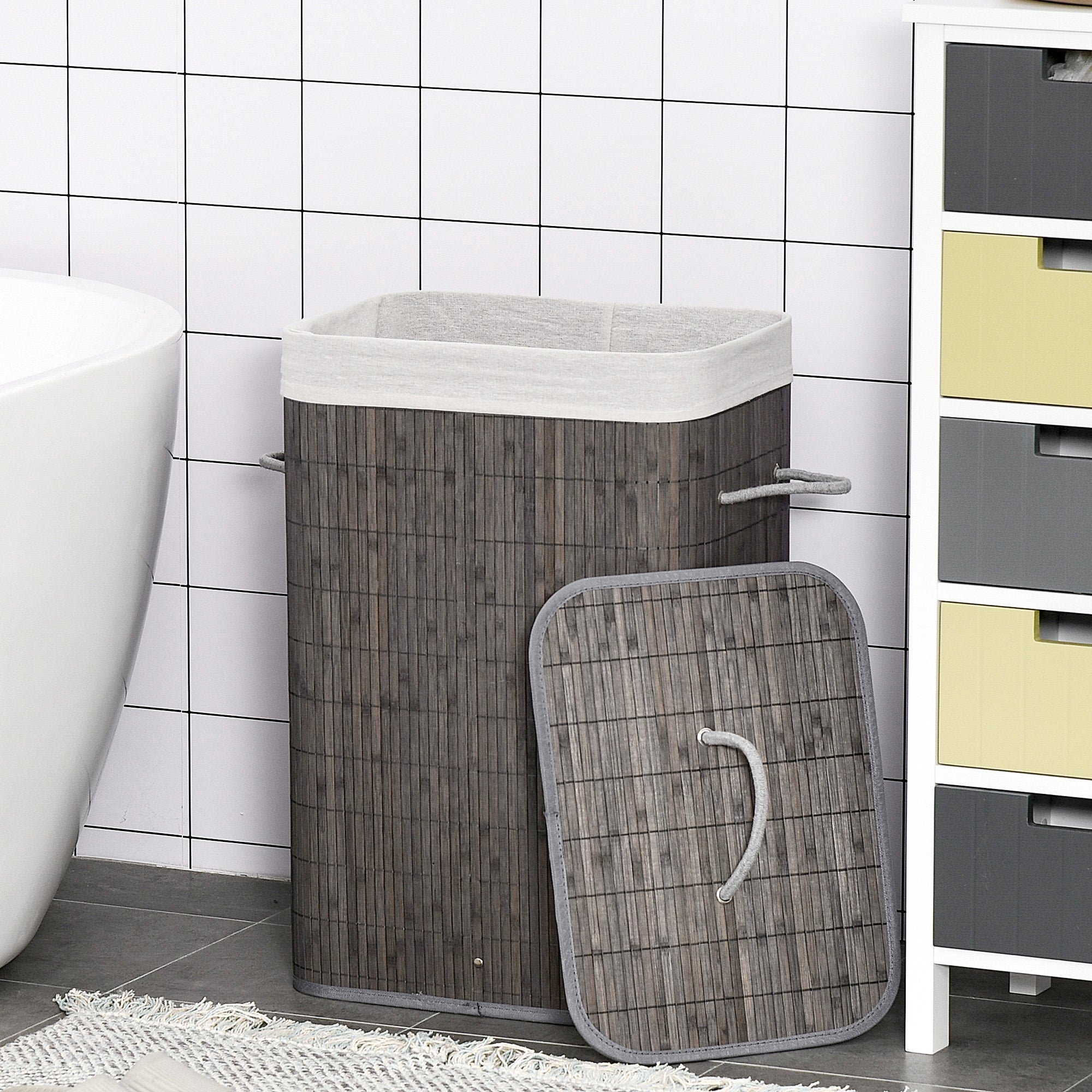 HOMCOM Laundry Basket with Flip Lid and String Handles, Collapsible Hamper Removable Lining Board Base Foldable Water-Resistant Dirty Clothes Storage, Grey - North Peak Garden Furniture