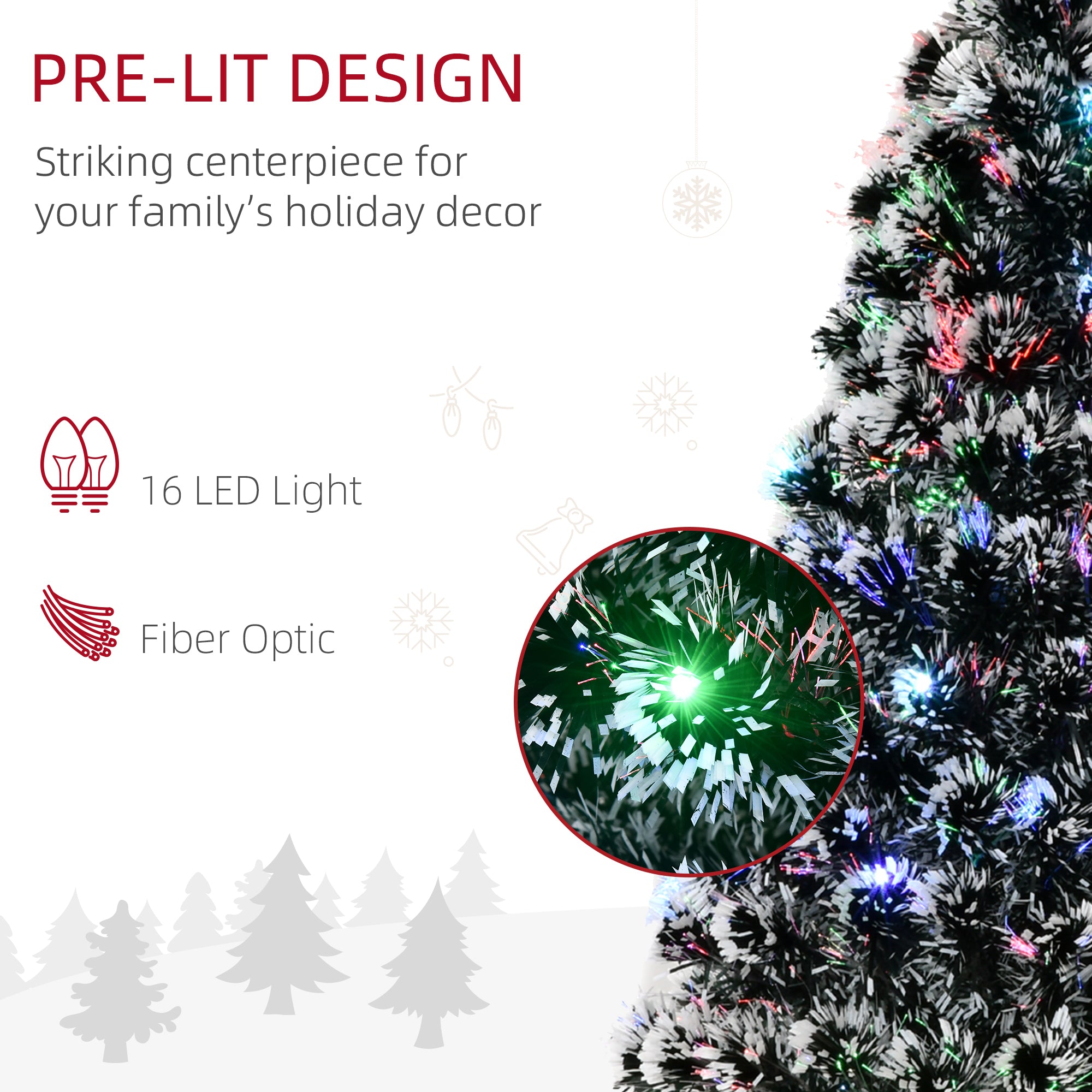 HOMCOM 4ft Artificial Prelit Christmas Tree, Snow Xmas Tree with Colourful LED Lighting Fiber Optics, Green White - North Peak Garden Furniture