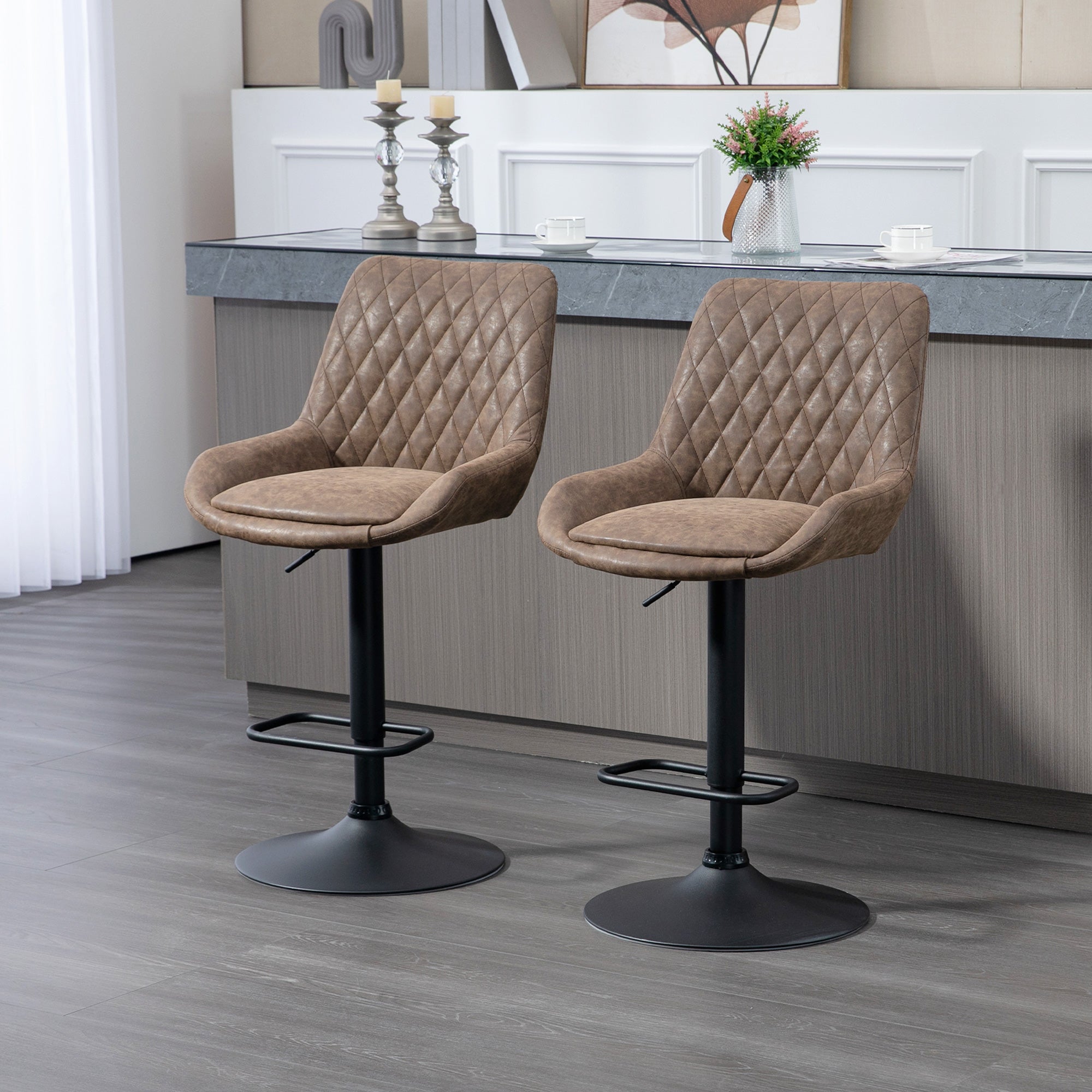 HOMCOM Set of Two Faux Leather Retro Bar Stools - Brown - North Peak Garden Furniture