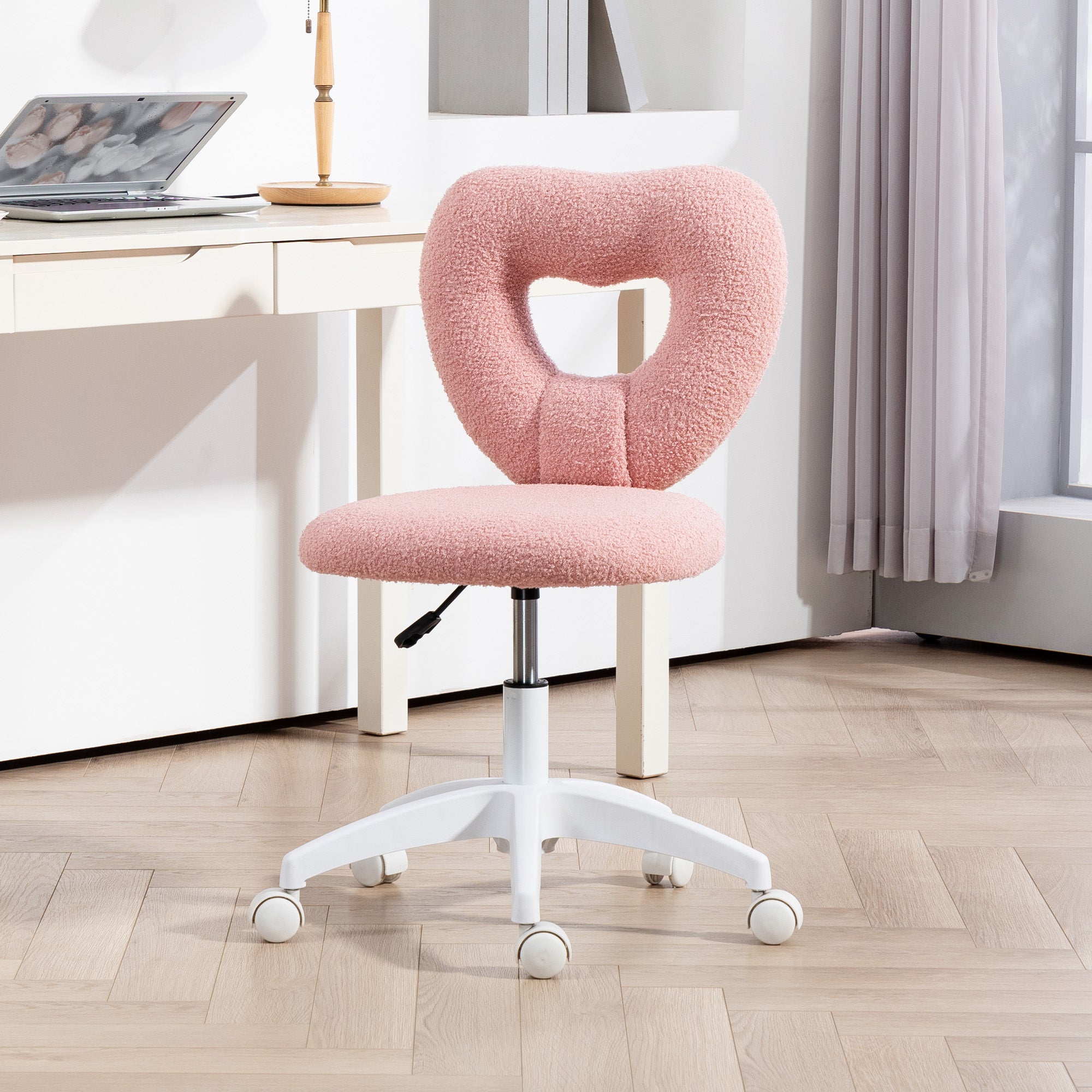 HOMCOM Armless Heart Computer Desk Chair, Teddy Fleece Swivel Office Chair, Makeup Vanity Chair with Height Adjustable, Wheels, for Home Study Bedroom, Pink - North Peak Garden Furniture