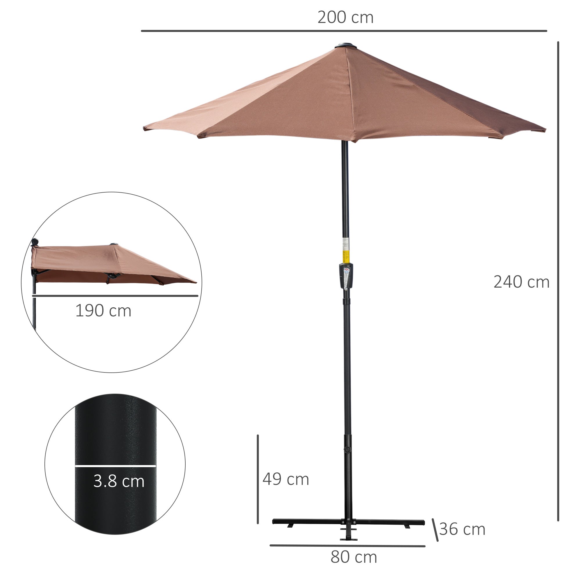 Outsunny 2m Half Parasol Market Umbrella Garden Balcony Parasol with Crank Handle, Base, Double-Sided Canopy, Coffee