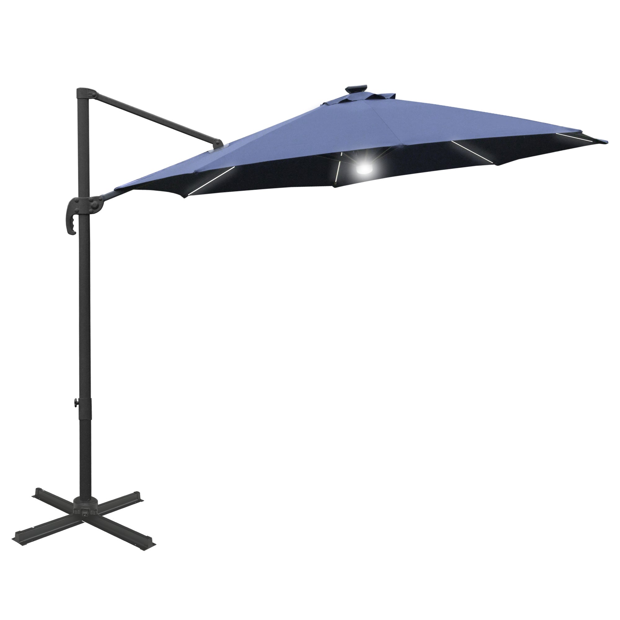 Outsunny 3(m) LED Cantilever Parasol Outdoor Sun Umbrella w/ Base Solar Lights Blue - North Peak Garden Furniture