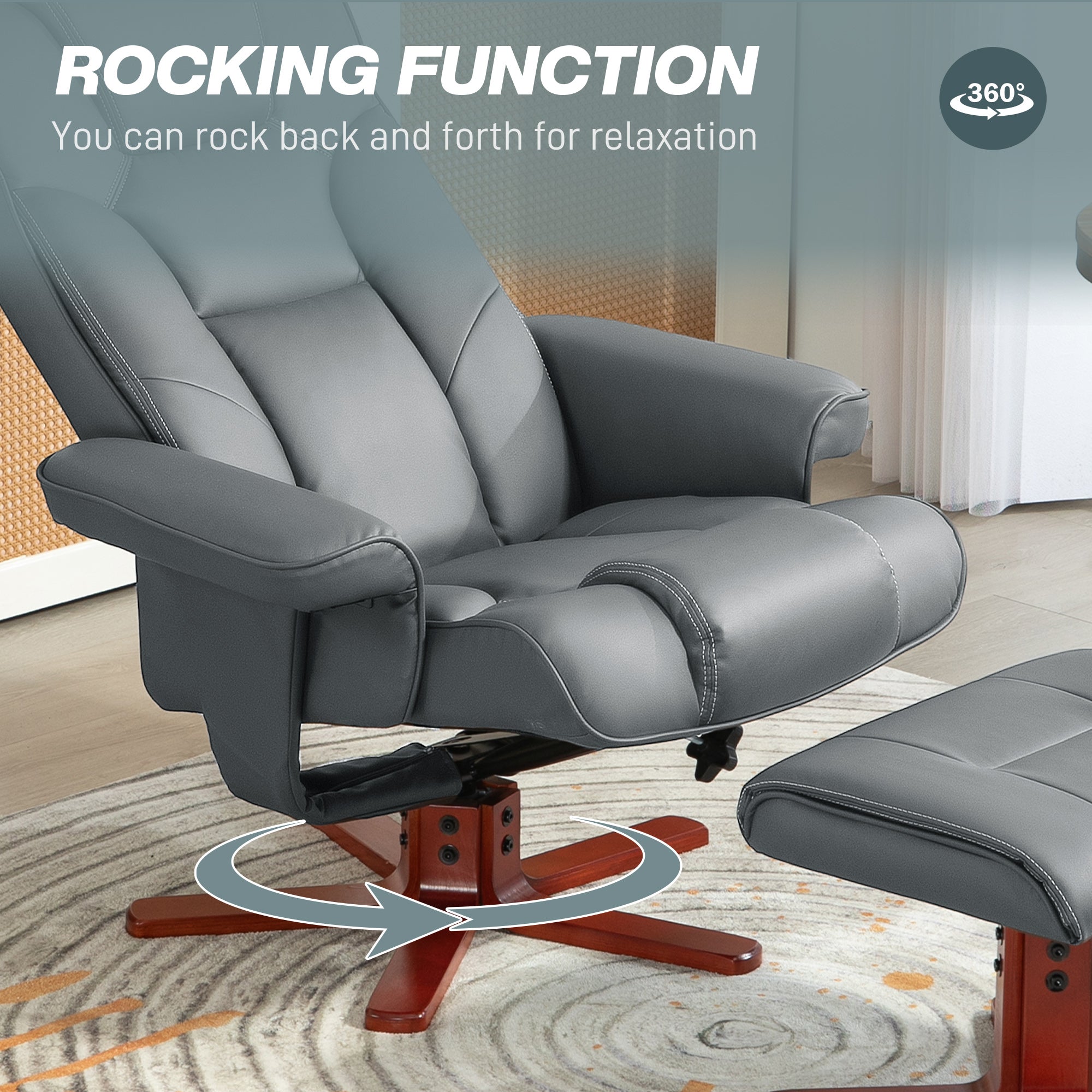 HOMCOM Faux Leather Manual Recliner and Footstool Set - Grey - North Peak Garden Furniture