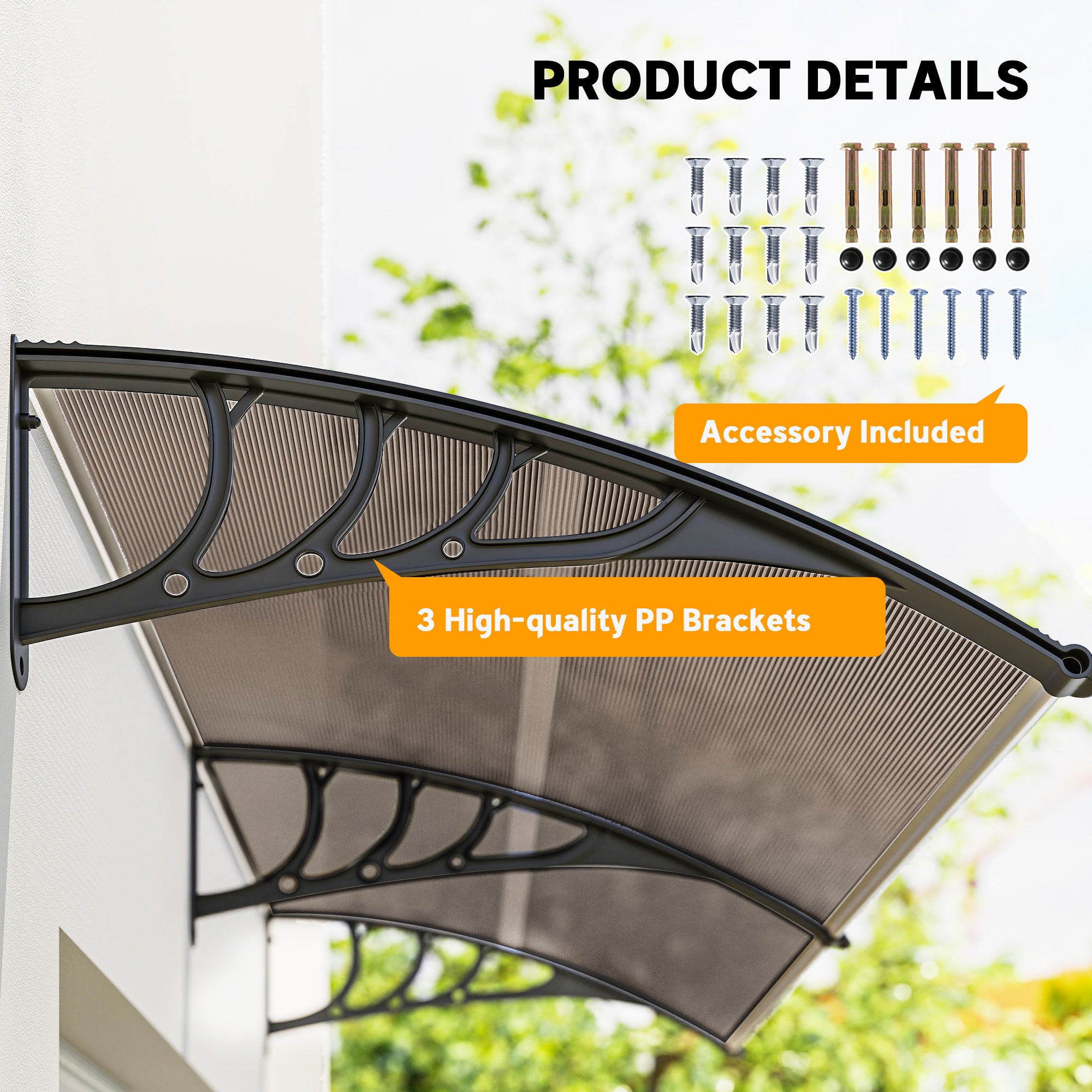 Outsunny 75 x 195 cm Curved Door Window Awning Canopy, Polycarbonate Cover Front Door Outdoor Patio, UV Rain Snow Protection Shelter, Brown