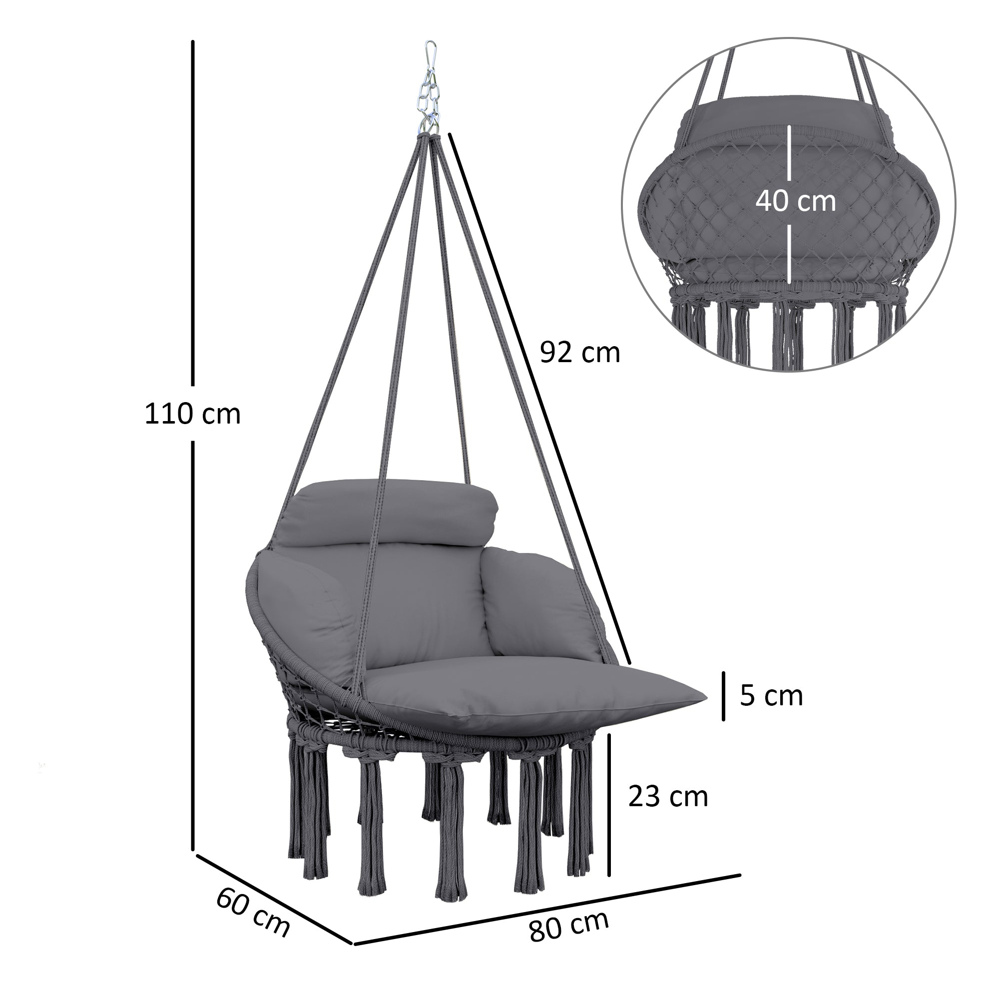 Outsunny Hanging Chair Outdoor Hammock Chair with Soft Cushion, Cotton Rope Boho Style Swing Chair, Hanging Garden Swing Seat for Indoor Outdoor, Dark Grey - North Peak Garden Furniture