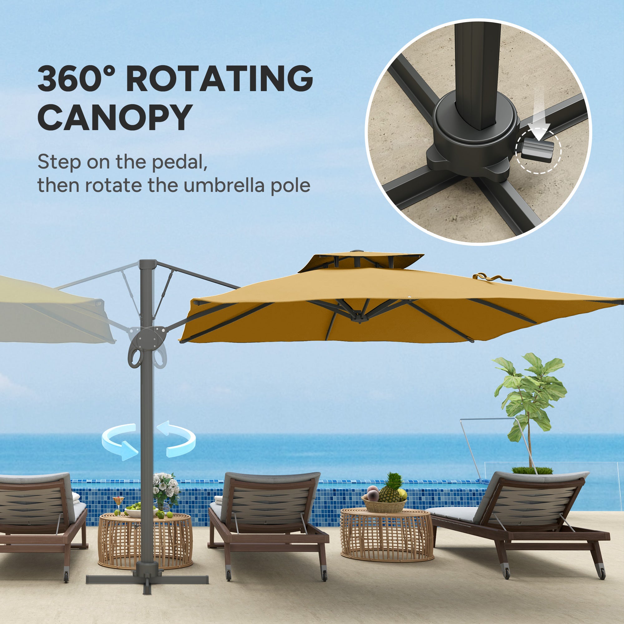 Outsunny Garden Parasol, 3(m) Cantilever Parasol with Hydraulic Mechanism, Dual Vented Top, 8 Ribs, Cross Base, Khaki