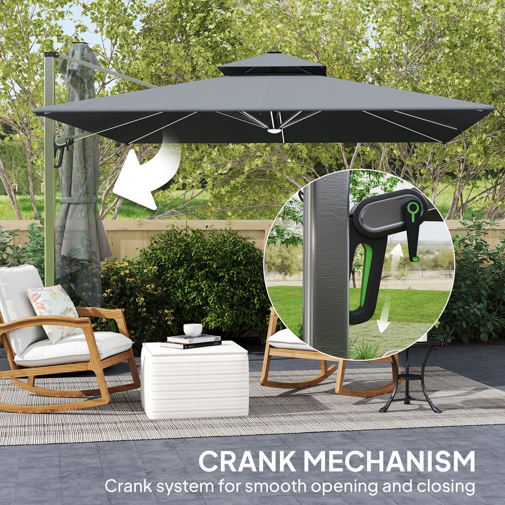 Outsunny 3(m) Garden Cantilever Parasol with Solar LED Lights, Cross Base, 360° Rotation, Crank Handle and Tilt, Grey - North Peak Garden Furniture