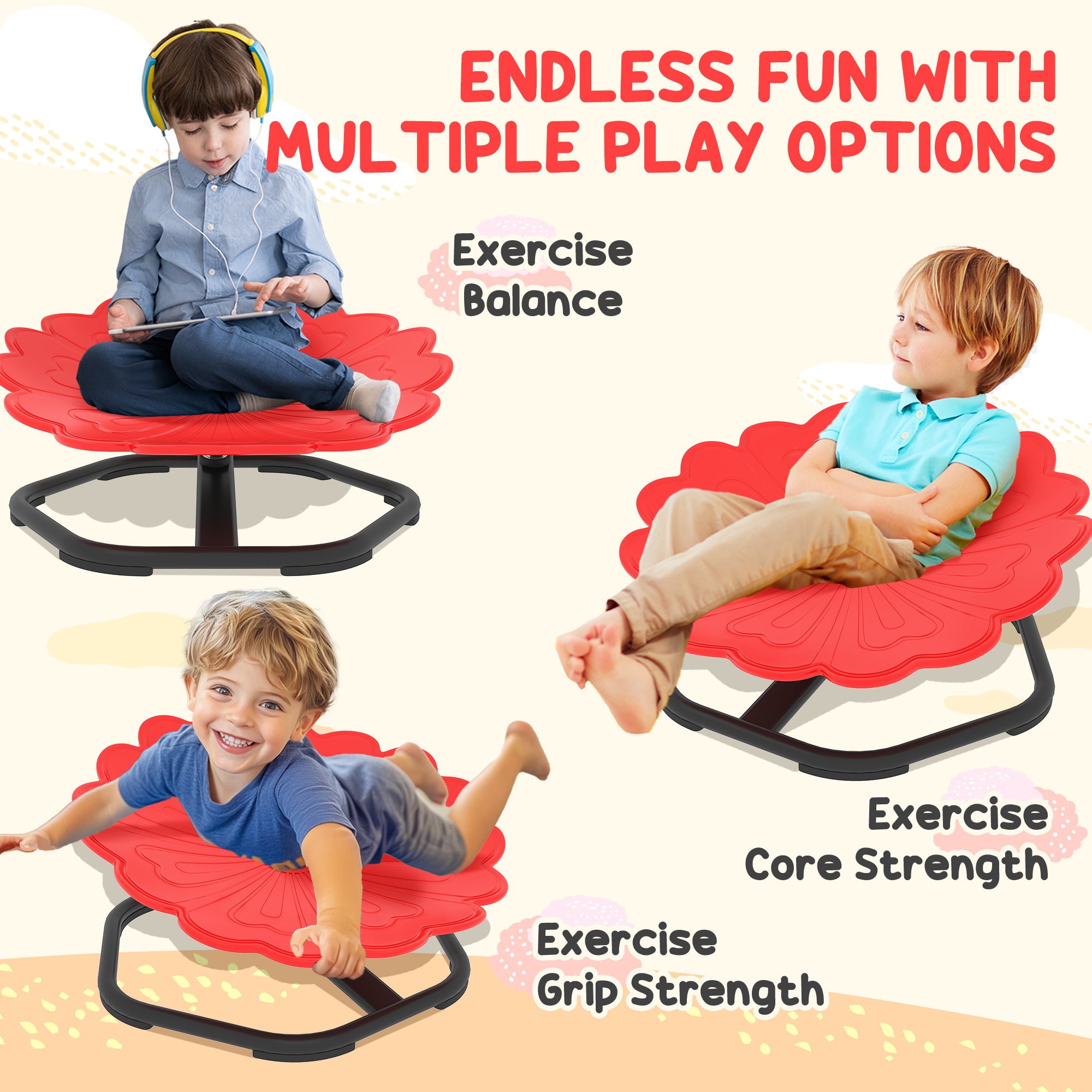 AIYAPLAY Flower-Shaped Sensory Spinning Chair with Non-Slip Base for Balance/Coordination, Red