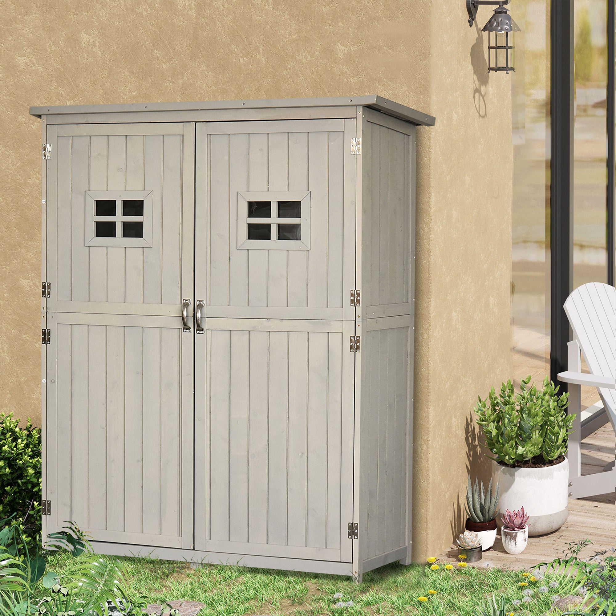 Outsunny Wooden Garden Shed with Two Windows, Tool Storage Cabinet, Outdoor Double Door Organizer 127.5L x 50W x 164H cm, Grey - North Peak Garden Furniture