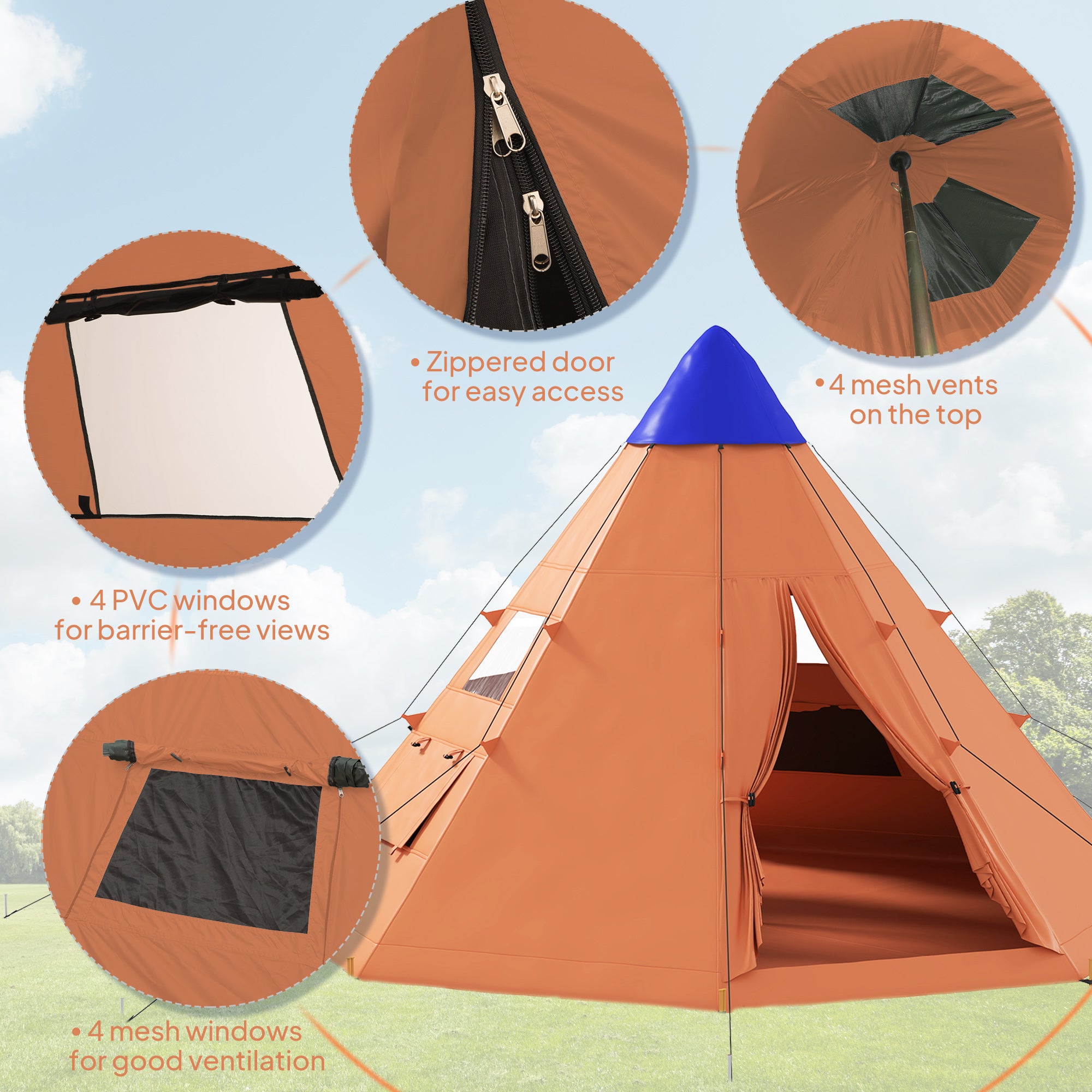 Outsunny 6 Men Tipi Tent with Carry Bag - Orange - North Peak Garden Furniture