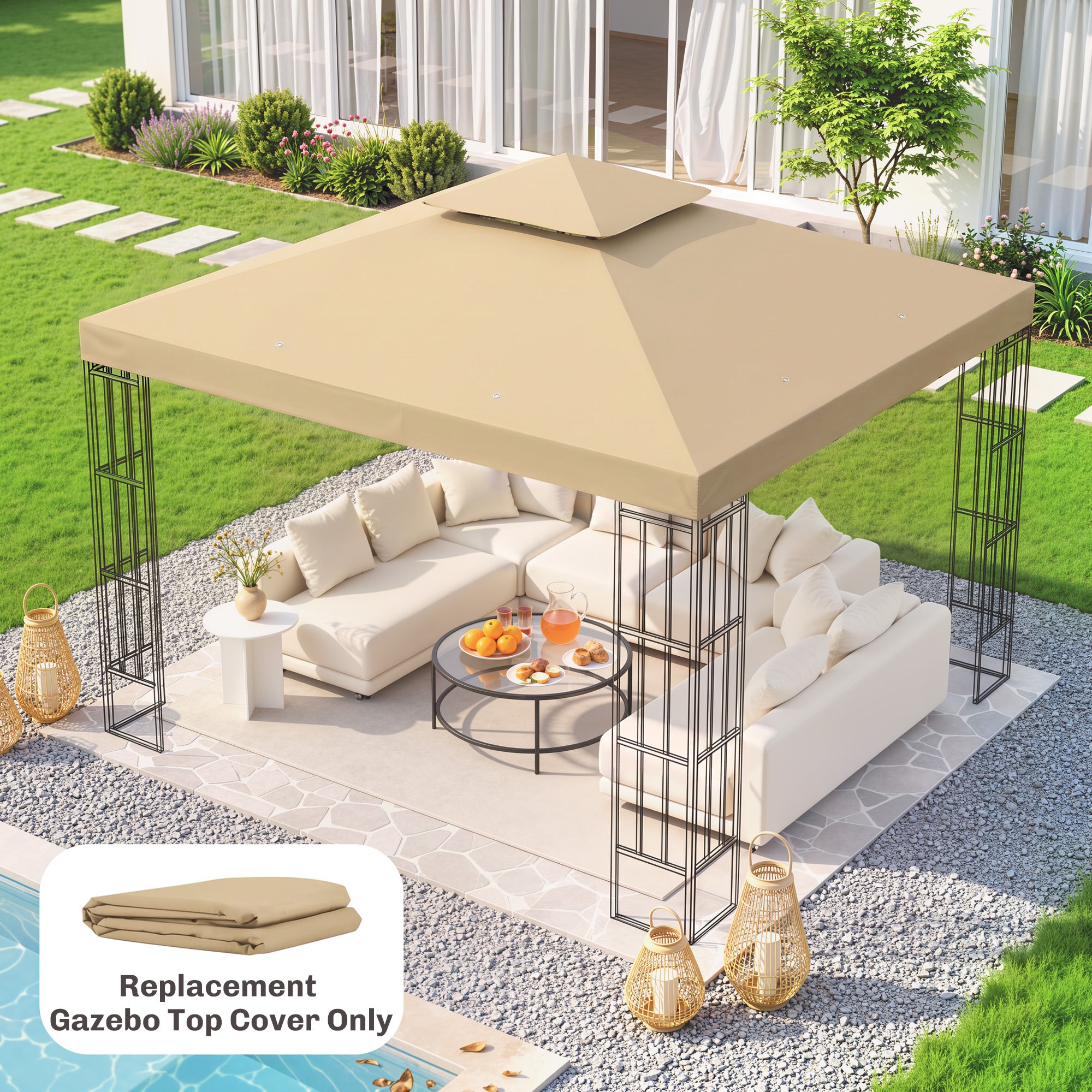 Outsunny 3(m) Gazebo Top Cover Double Tier Canopy Replacement Pavilion Roof Deep Beige