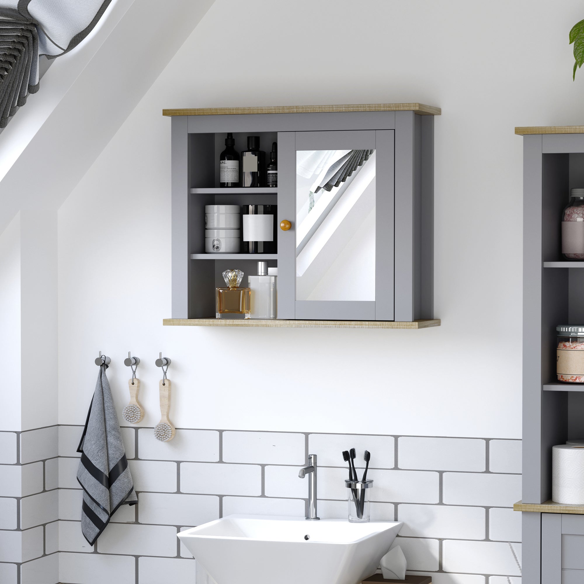 kleankin Bathroom Wall Mirror Cabinet, Cupboard with Door, Storage Cabinet with Adjustable Shelf for Corridors Living Rooms, Grey - North Peak Garden Furniture