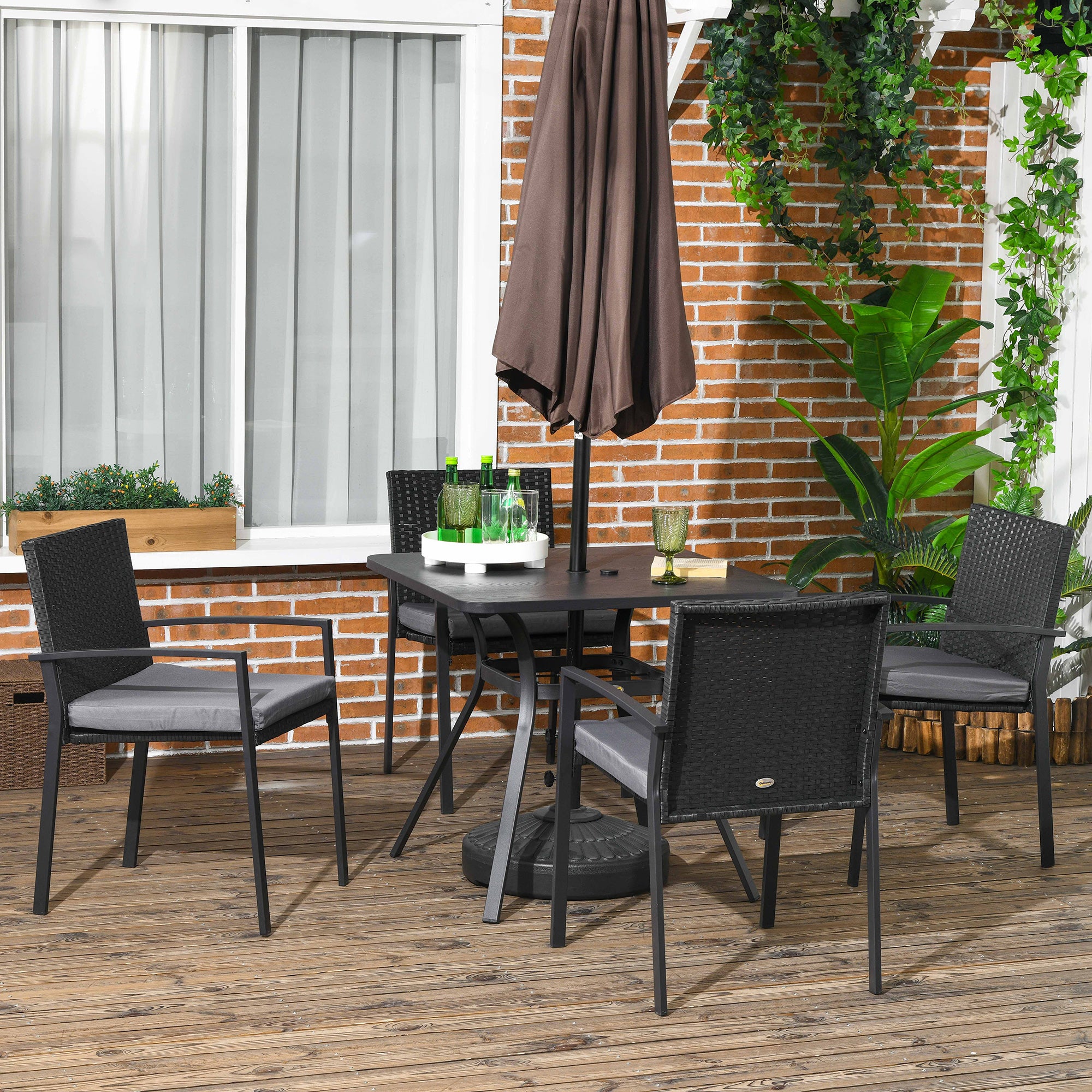 Outsunny Five-Piece Garden Dining Set, with Rattan Seat Chairs and Cushions - Black - North Peak Garden Furniture