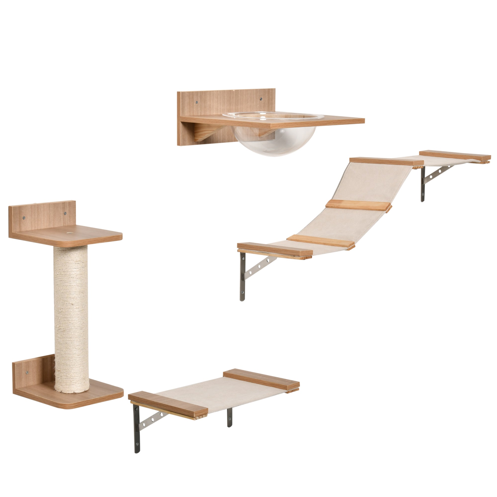 PawHut 4PCs Wall-mounted Cats Climbing Shelf Set Cat Tree Kitten Perch Activity Center with Hammock Scratching Post Jumping Platform Brown - North Peak Garden Furniture