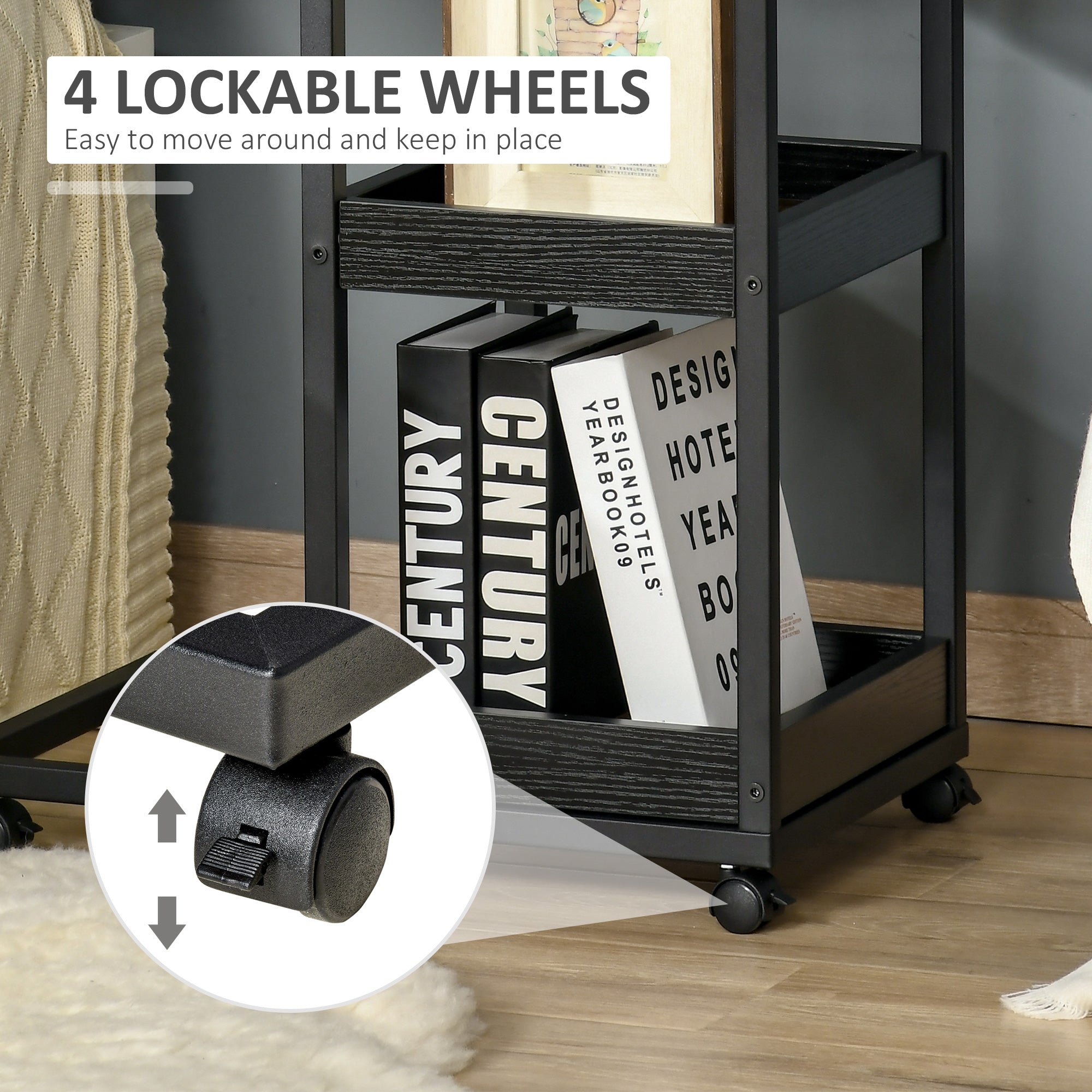 HOMCOM Mobile Sofa Side Table Set of 2, Industrial C-Shaped Rolling Couch Table with 3-Tier Storage Shelving Four Lockable Wheels Steel Frame, Dark Brown