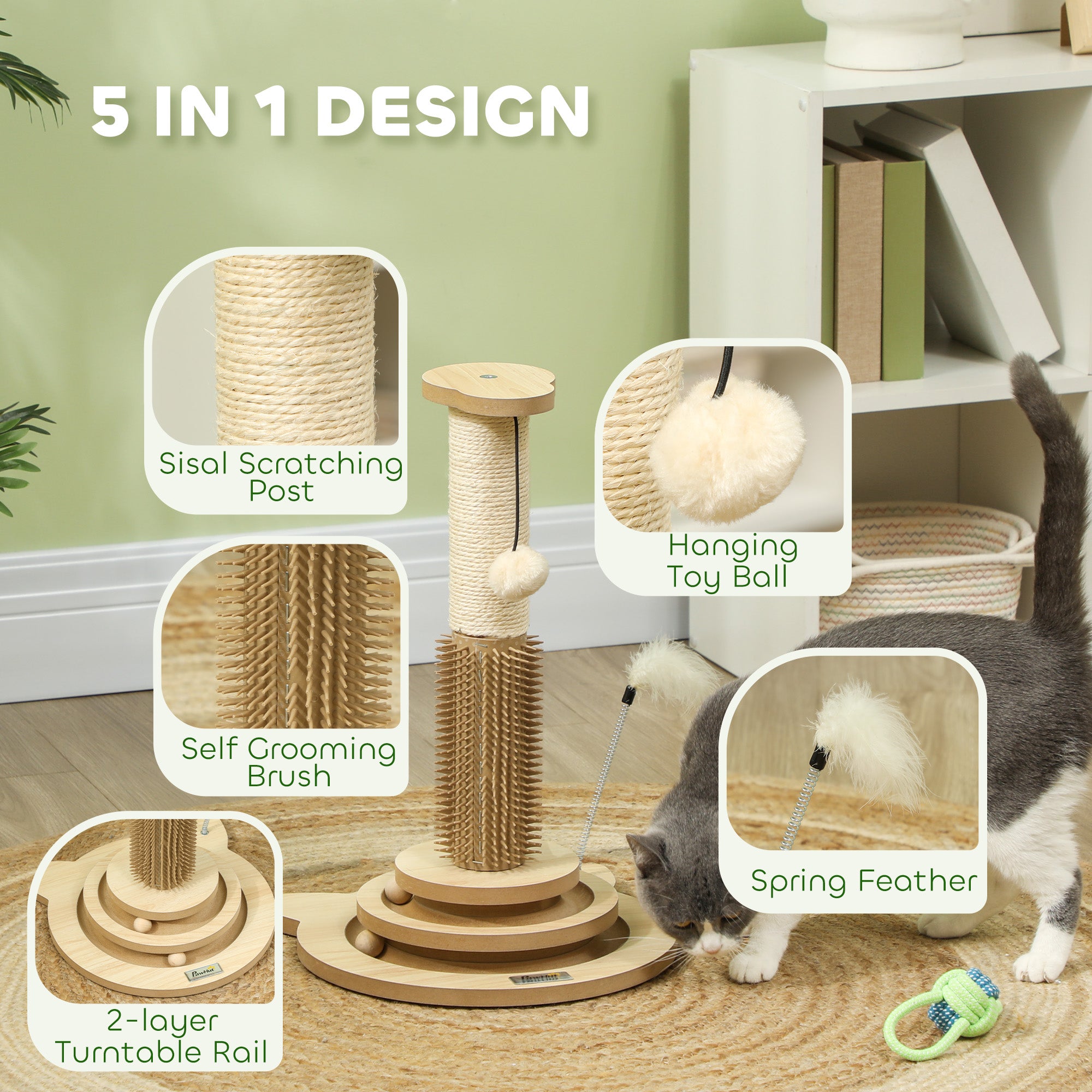 PawHut 49cm 5 in 1 Cat Scratching Post with Sisal Post, Track Ball, Self Grooming Brush, Hanging Toy Ball, Feather, Oak Tone - North Peak Garden Furniture
