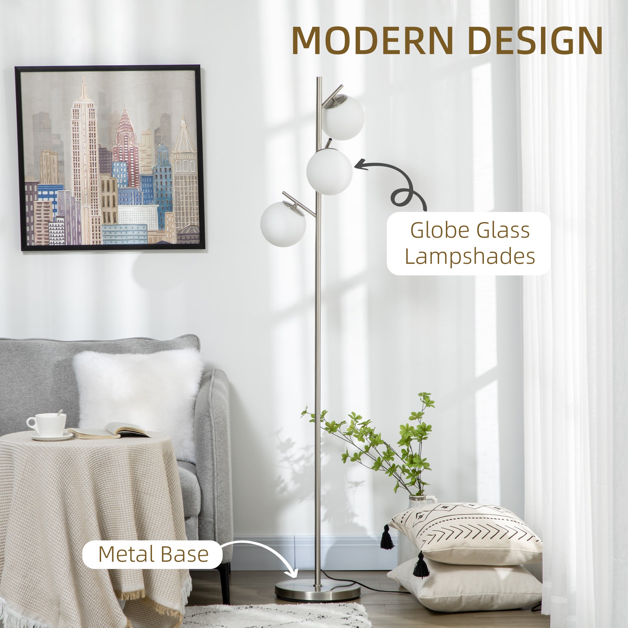 HOMCOM 3-Light Tree Floor Lamps for Living Room, Modern Standing Lamp for Bedroom with Globe Lampshade, Steel Base, Bulb not Included, Silver - North Peak Garden Furniture