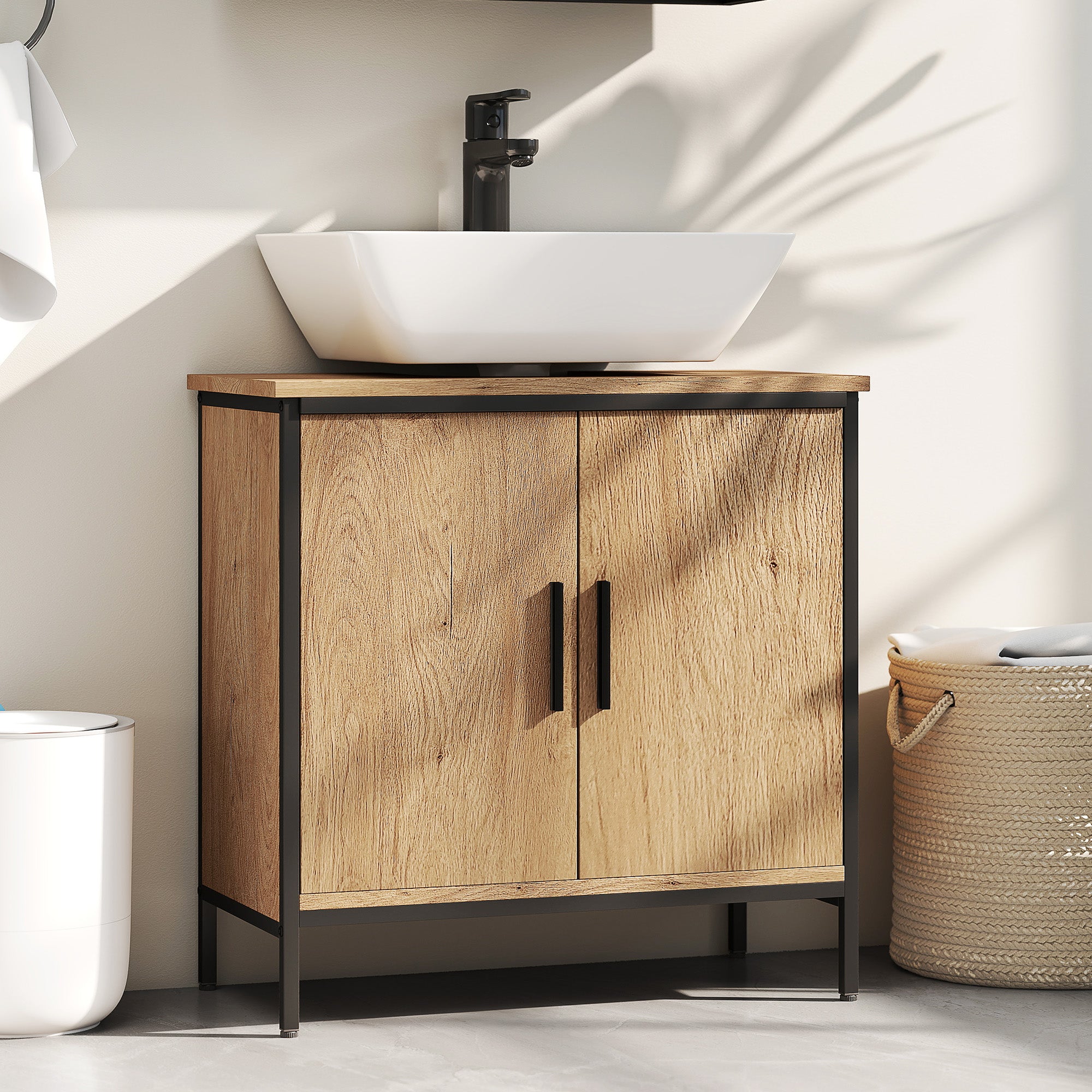 HOMCOM Bathroom Vanity Unit, Under Sink Storage Cabinet with 2 Doors, Adjustable Shelf for Basin without or with Pedestal, Oak - North Peak Garden Furniture