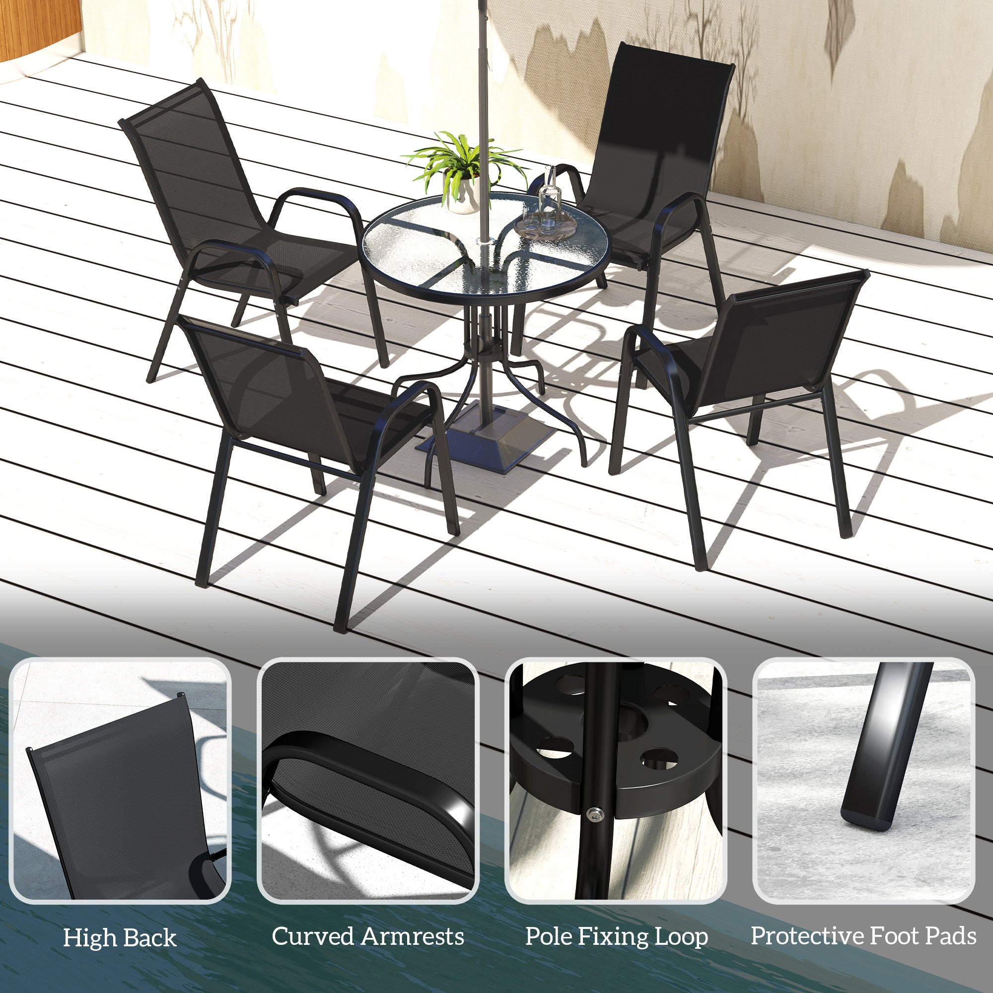 Outsunny Five-Piece Steel Patio Set, with Glass-Top Table - Black