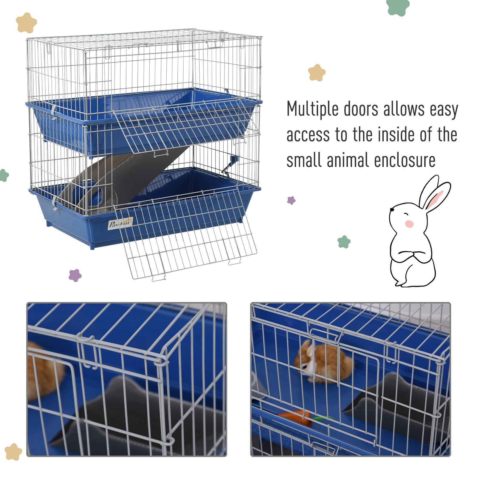 PawHut Metal 2-Tier Small Guinea Pigs Hutches Blue