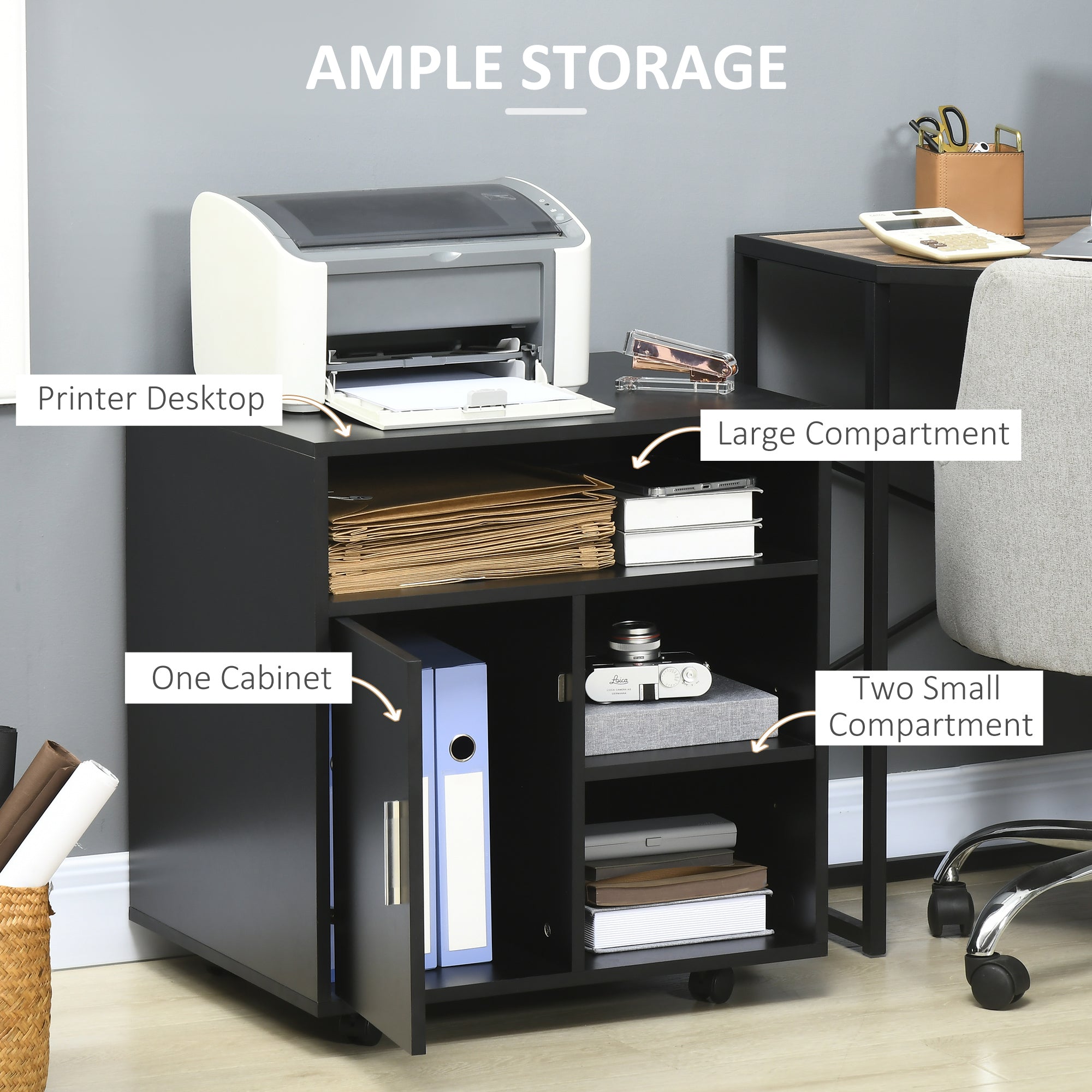 HOMCOM Multi-Storage Printer Stand Unit Office Desk Side Mobile Storage w/ Wheels Modern Style 60L x 50W x 65.5H cm - Black - North Peak Garden Furniture